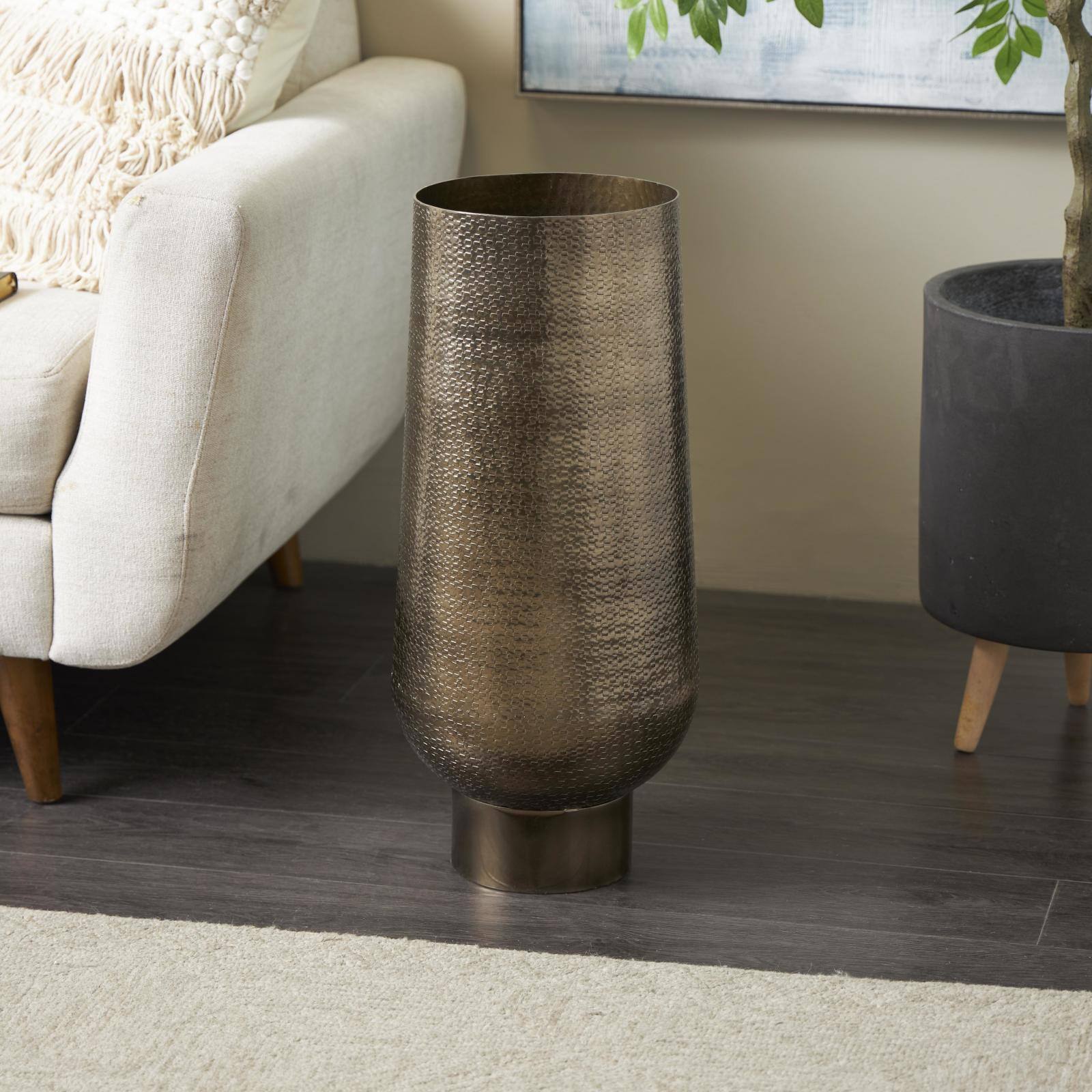 23.5" Brass Aluminum Metal Geometric Textured Wide Floor Vase with Elevated Base