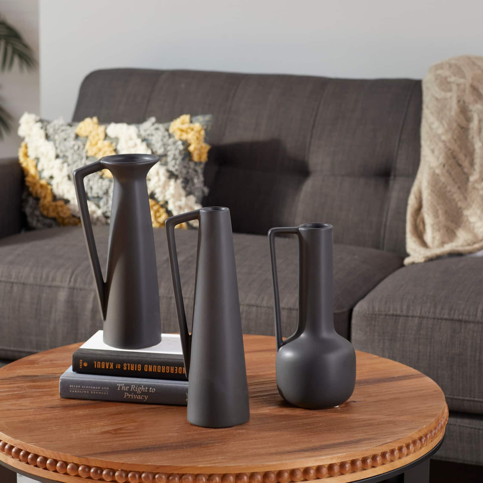 CosmoLiving by Cosmopolitan Set of 3 Dark Gray Ceramic Modern Vase, 12", 13", 11"