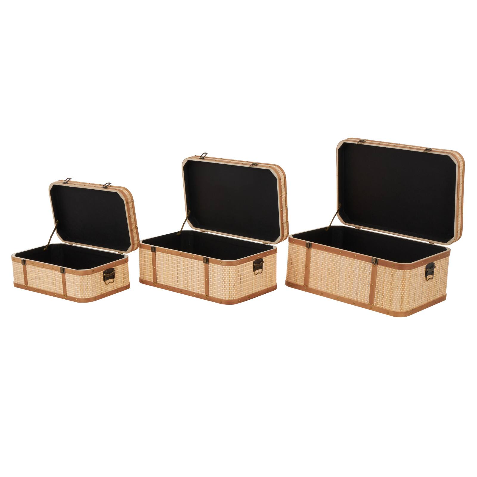 Light Brown Rattan Woven Decorative Trunk Set with Brass Metal Latches & Brown Wooden Accents