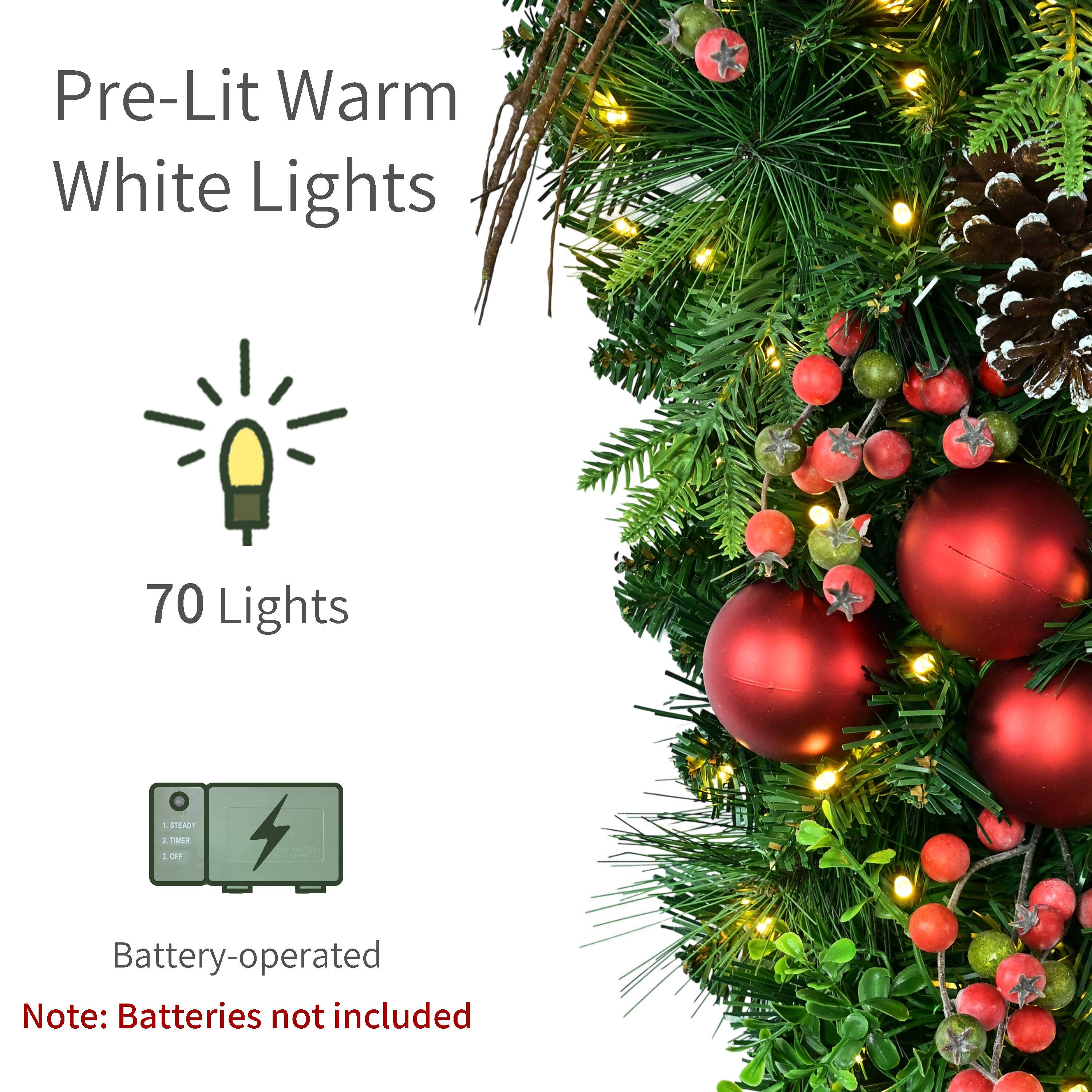 Puleo International 28" Pre-Lit Ornaments, Pinecones & Red Berries Artificial Teardrop Swag