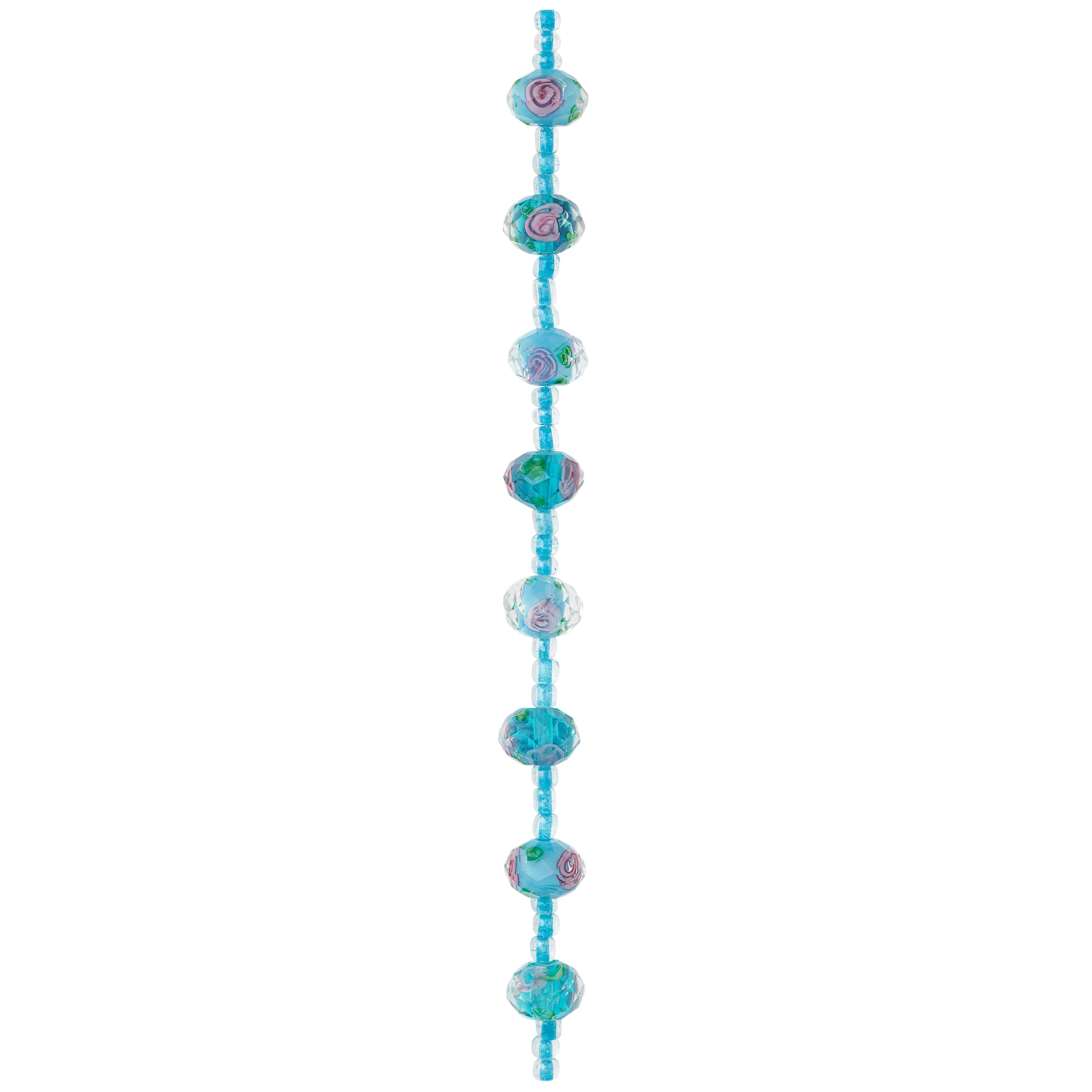 Aqua Floral Lampwork Glass Rondelle Beads, 11mm by Bead Landing™