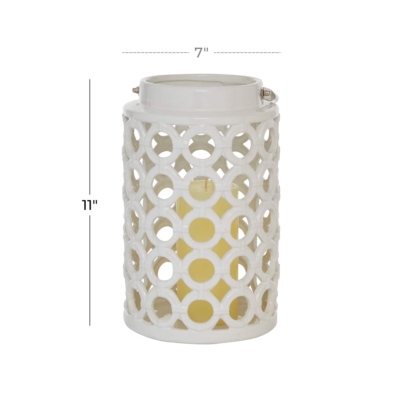 White Ceramic Contemporary Candle Holder Lantern, 11" x 7" x 8"