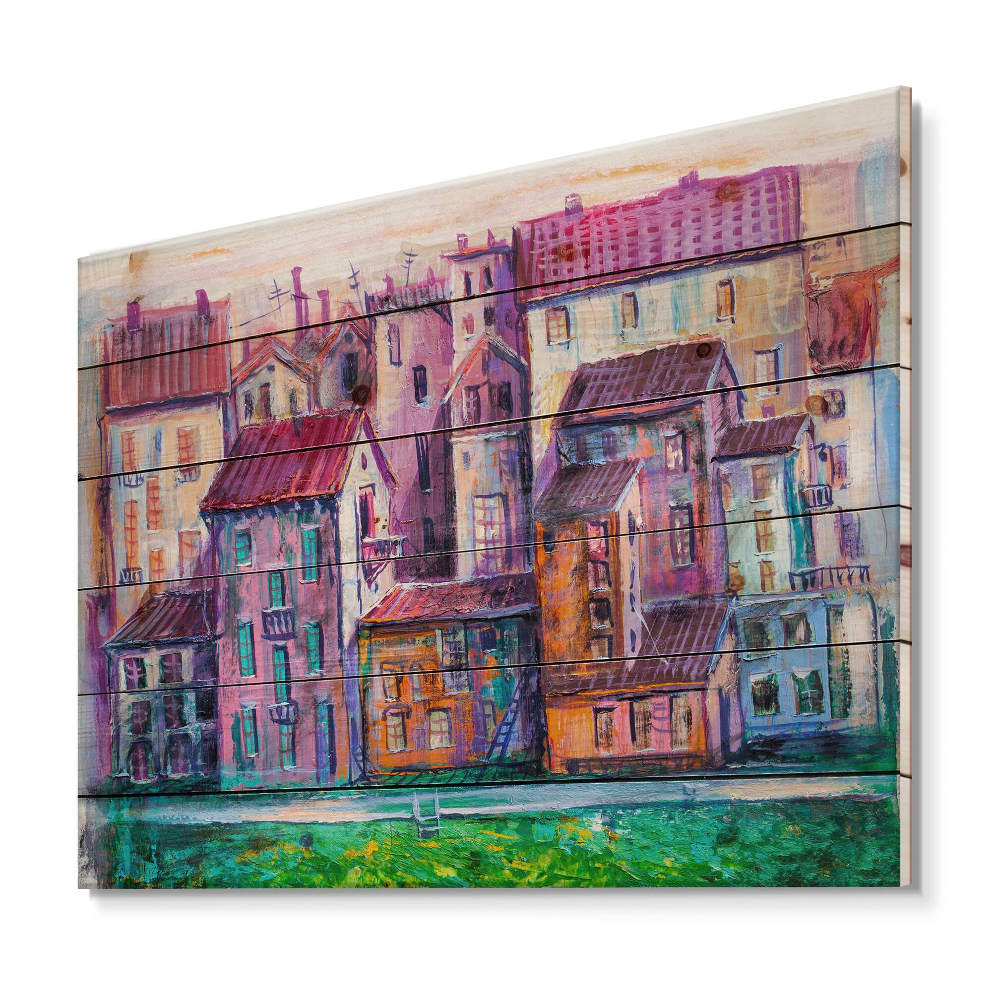 Designart - Street With Colorful Old Homes - Modern Print on Natural Pine Wood