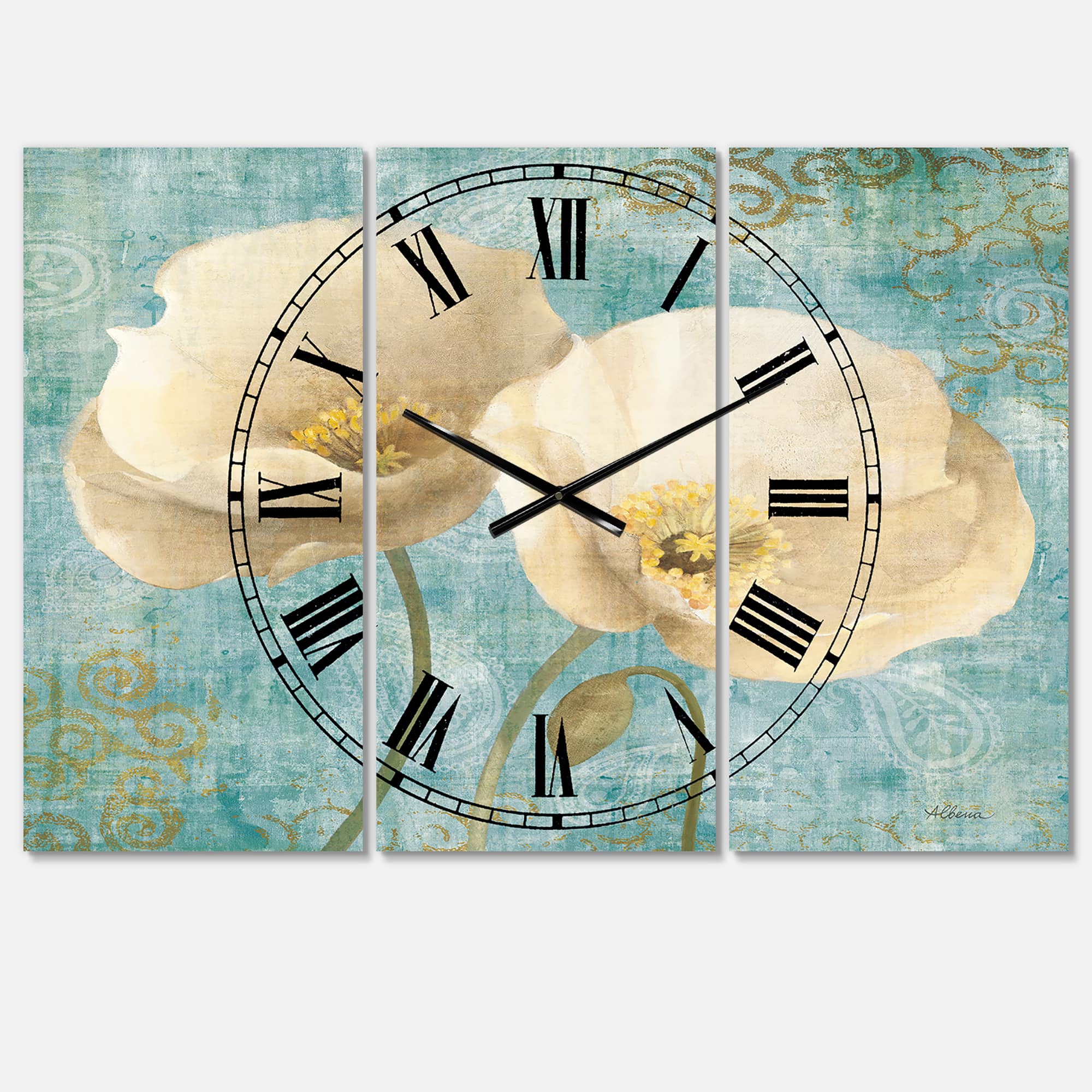 Designart Bouquet Poppies On Paisley II 3 Farmhouse Panel Wall Clock