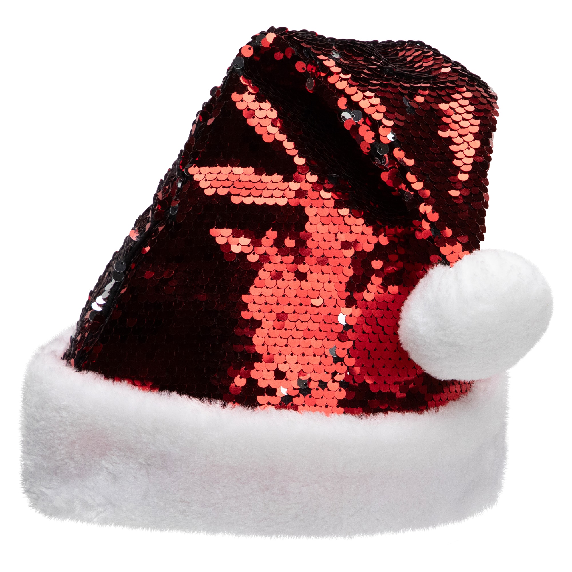 15" Red & Silver Reversible Sequined with Faux Fur Cuff Santa Hat