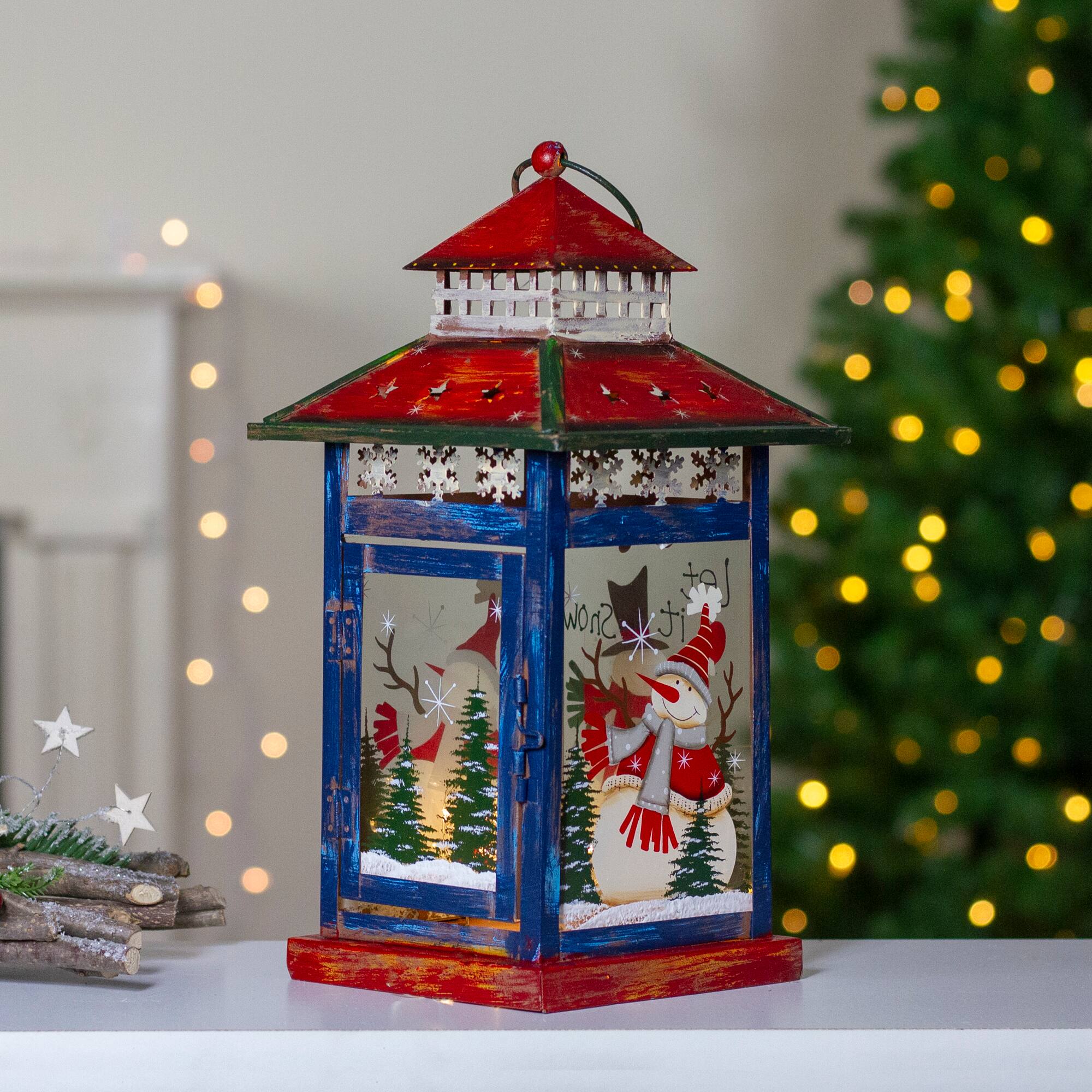 13" Red & White Snowman Let It Snow Christmas Lantern