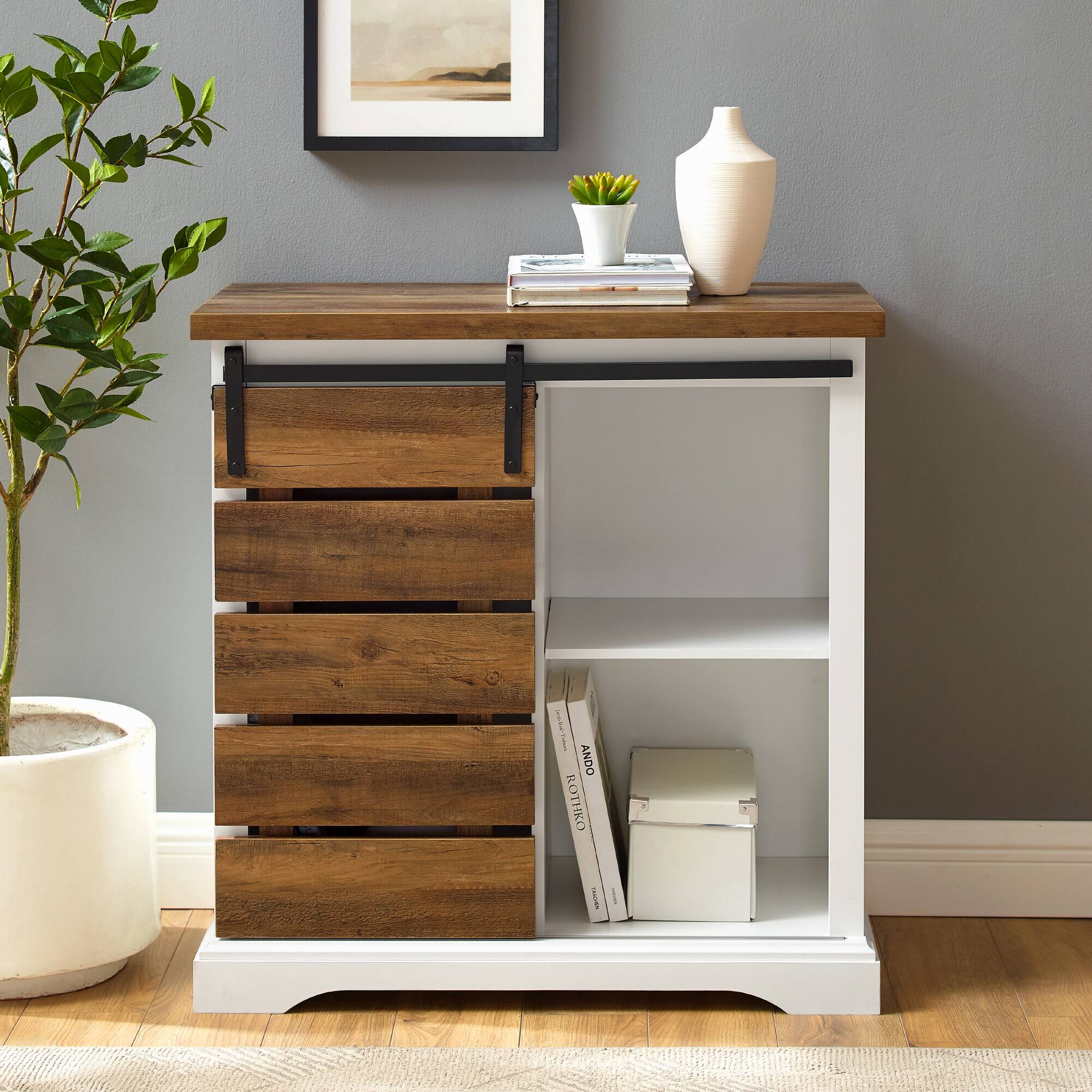 Walker Edison 32" Solid White & Reclaimed Wood Two-Tone Sliding Slat Door Accent Cabinet