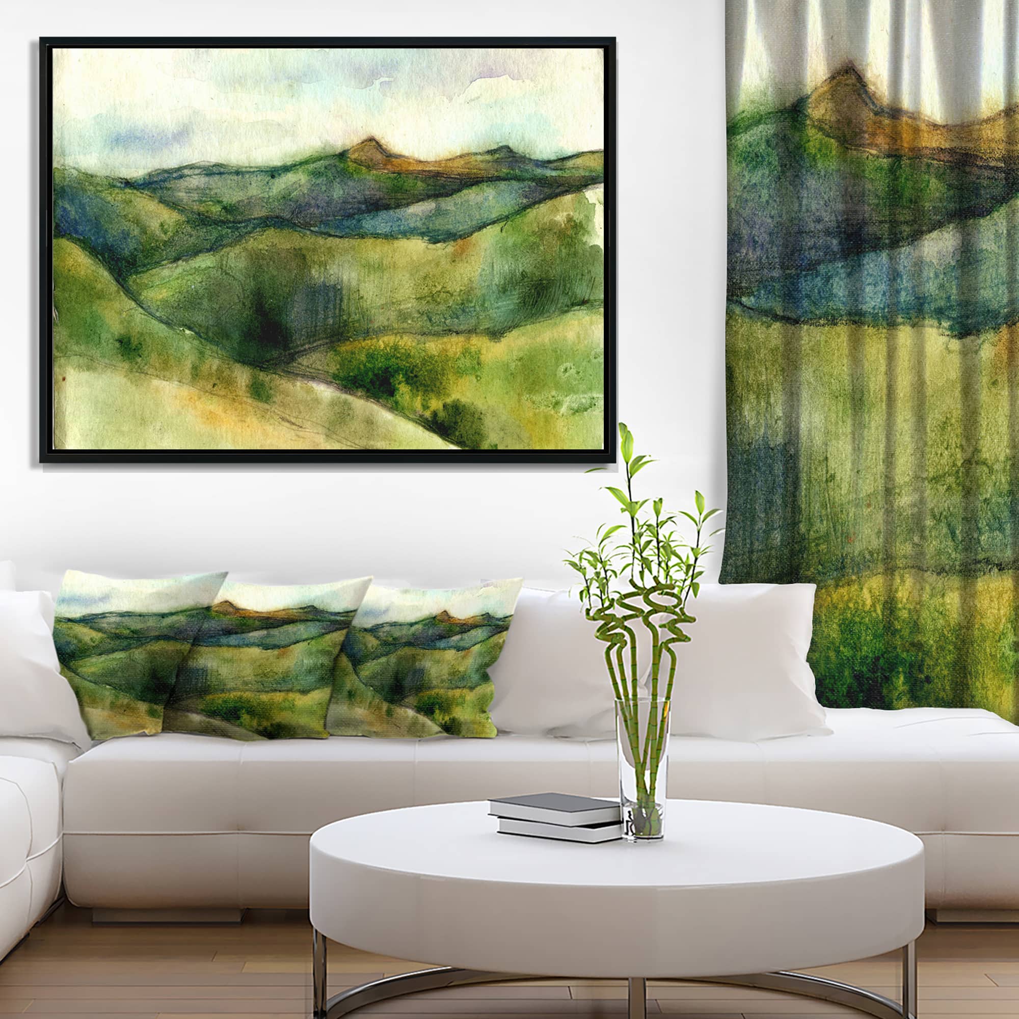 Designart - Green Mountains Watercolor - Landscape Painting Canvas Print in Black Frame