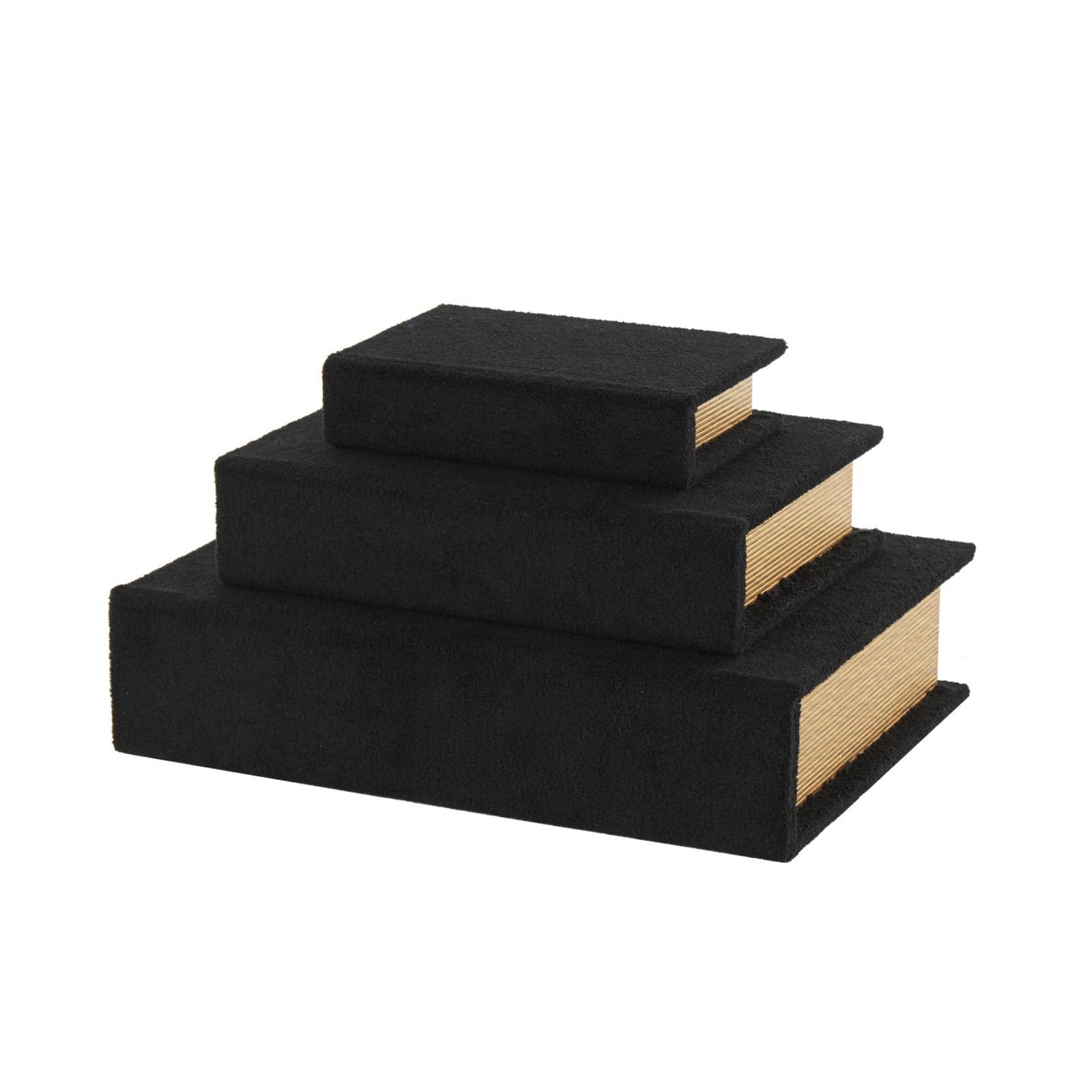 Black Velvet Textured Decorative Book Box with Gold Page Detailing, 3ct.