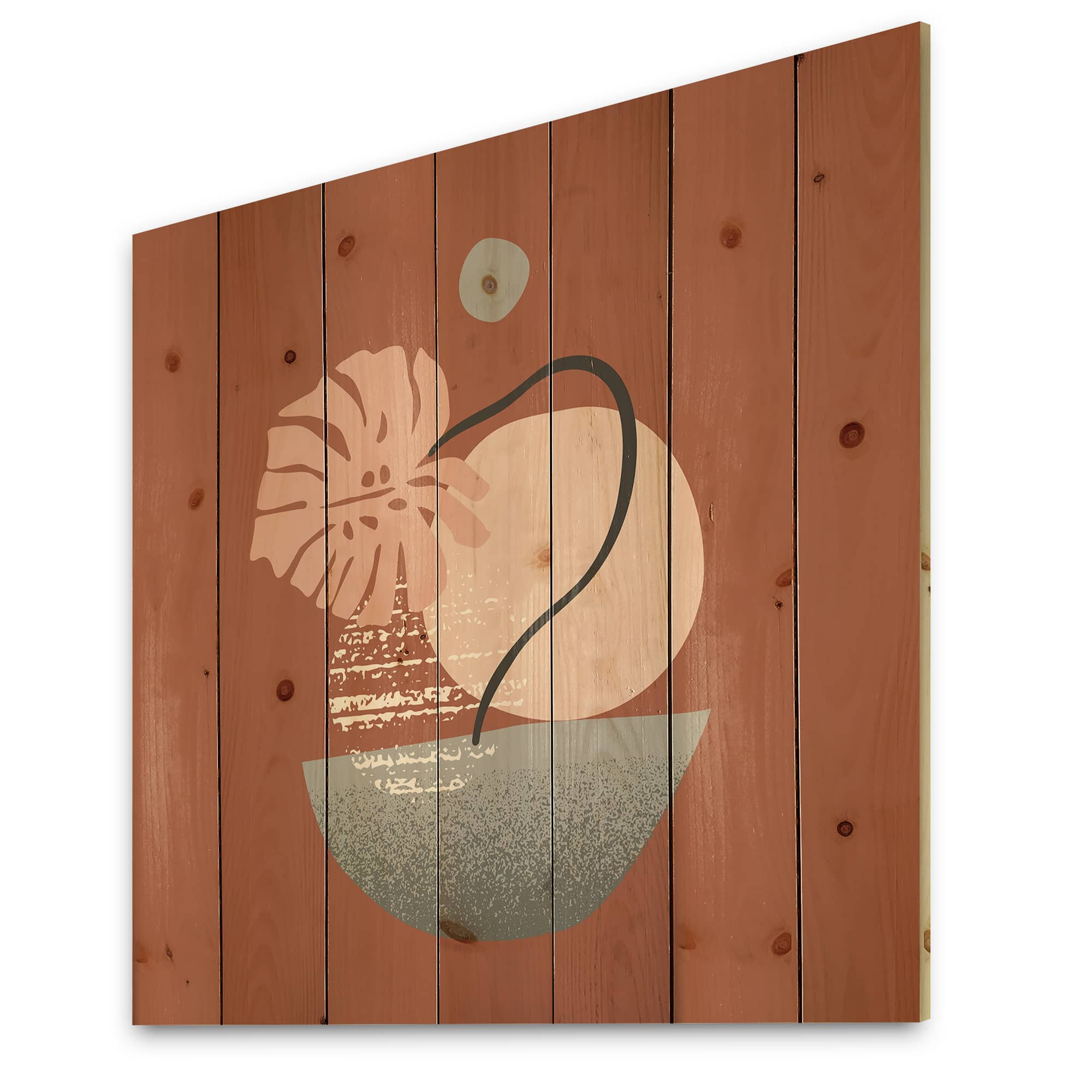 Designart - Tropical Palm Leaf & Abstract Geometry Shapes IV - Modern Print on Natural Pine Wood