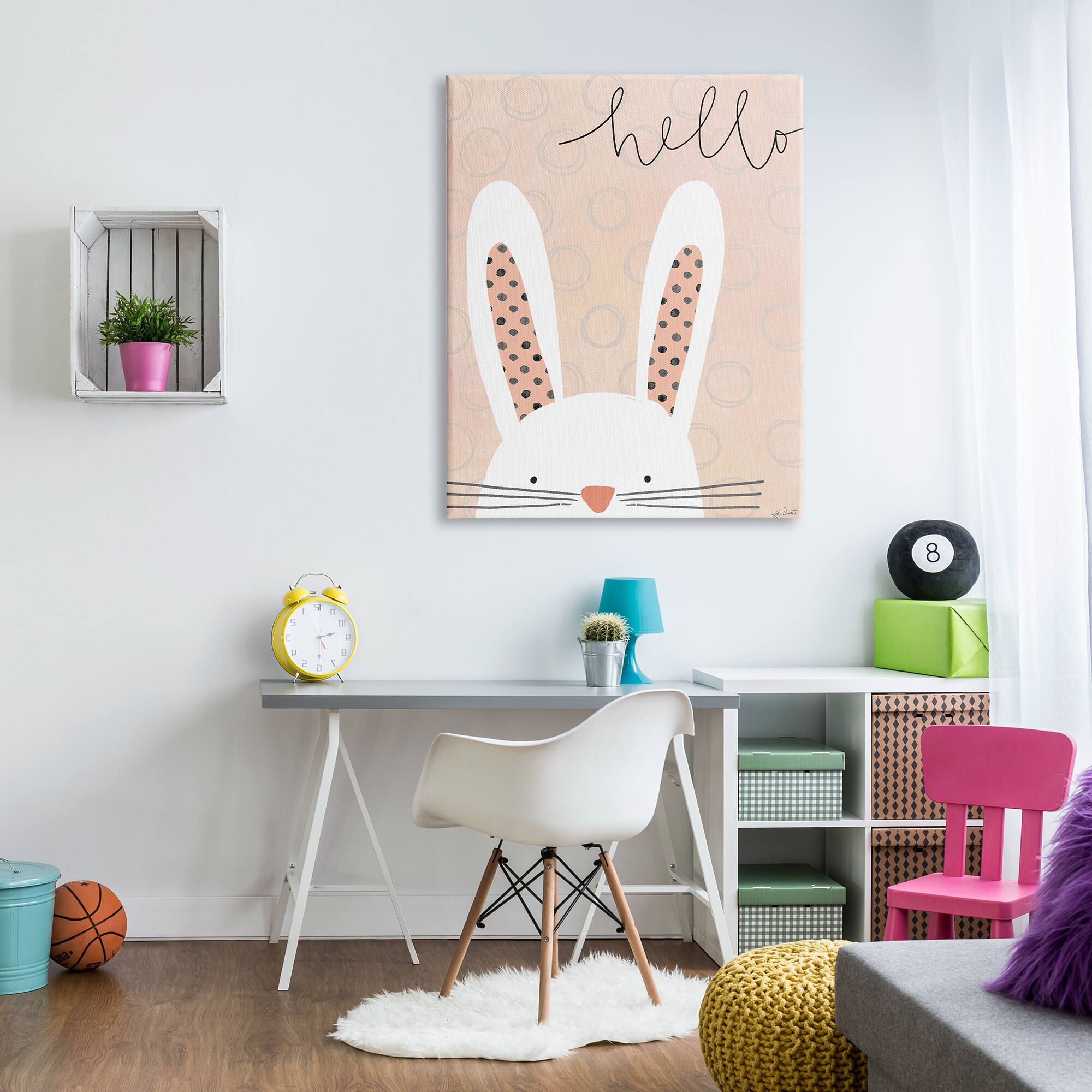 Stupell Industries Hello Bunny Phrase Baby Rabbit Polka Dot Patterns Canvas Wall Art