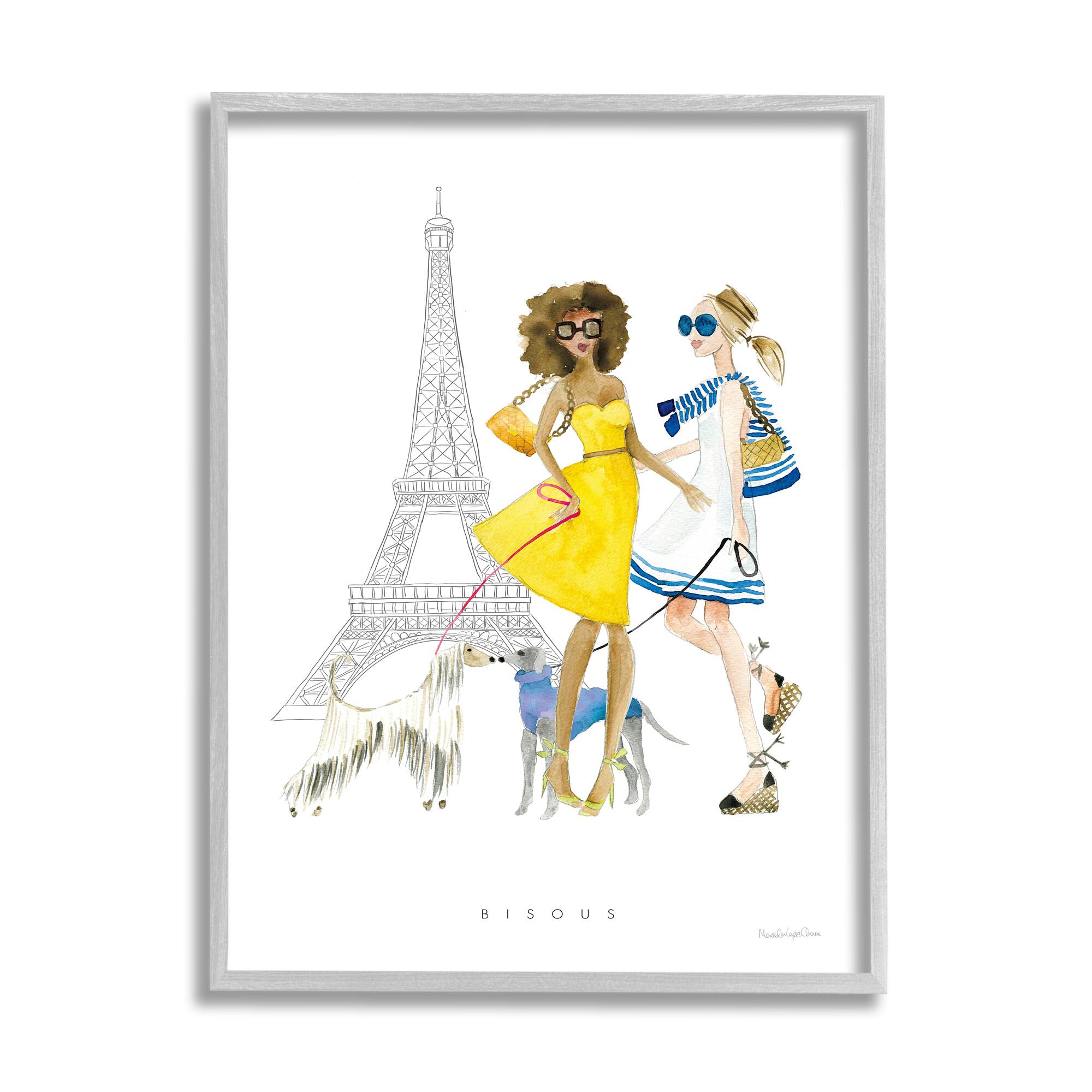 Stupell Industries Bisous Kisses Phrase Parisian Fashion Females and Dogs Framed Wall Art