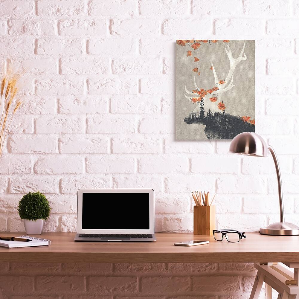 Stupell Industries Tree Forest Elk Silhouette Orange Florals Canvas Wall Art