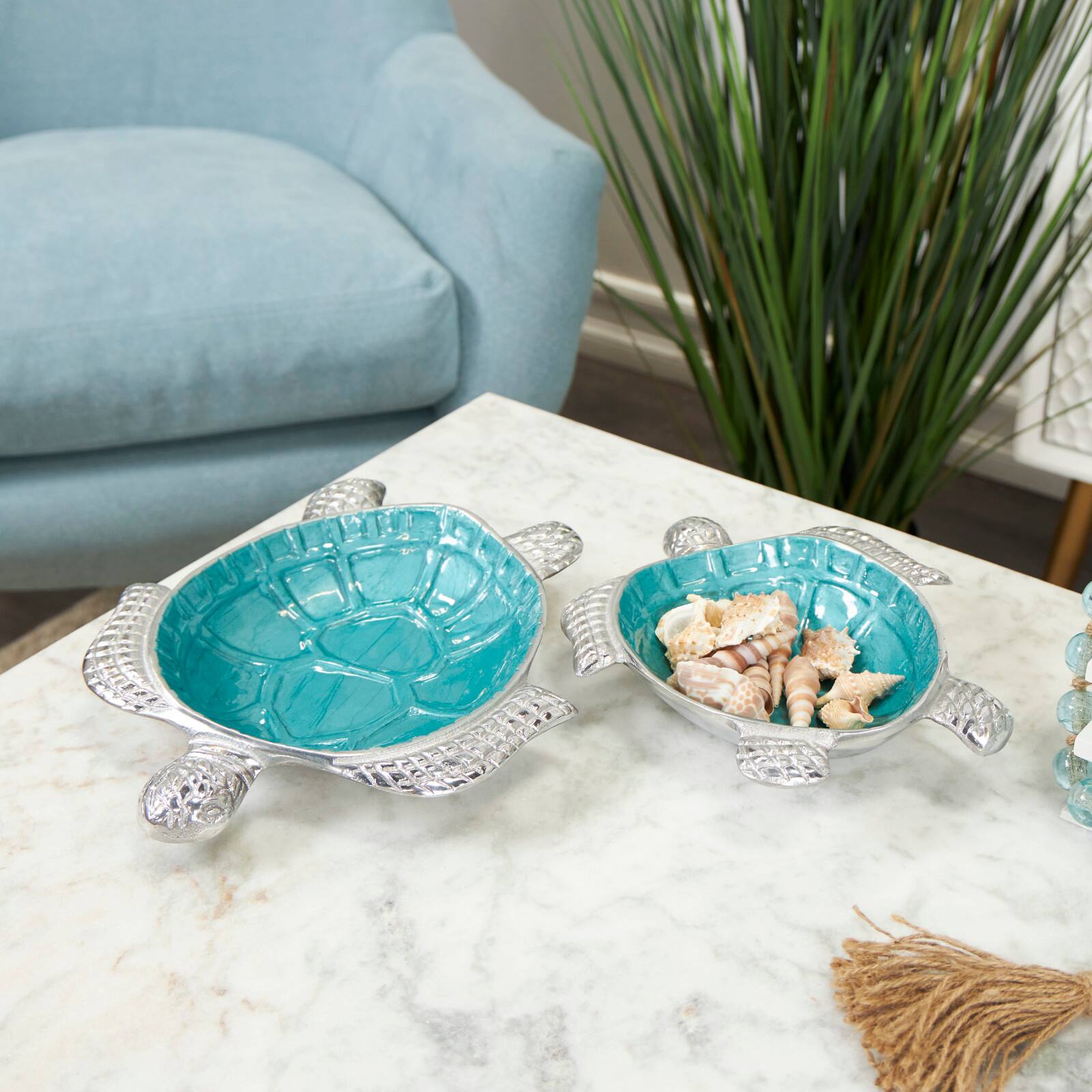 Teal & Silver Textured Enameled Turtle Bowl Set