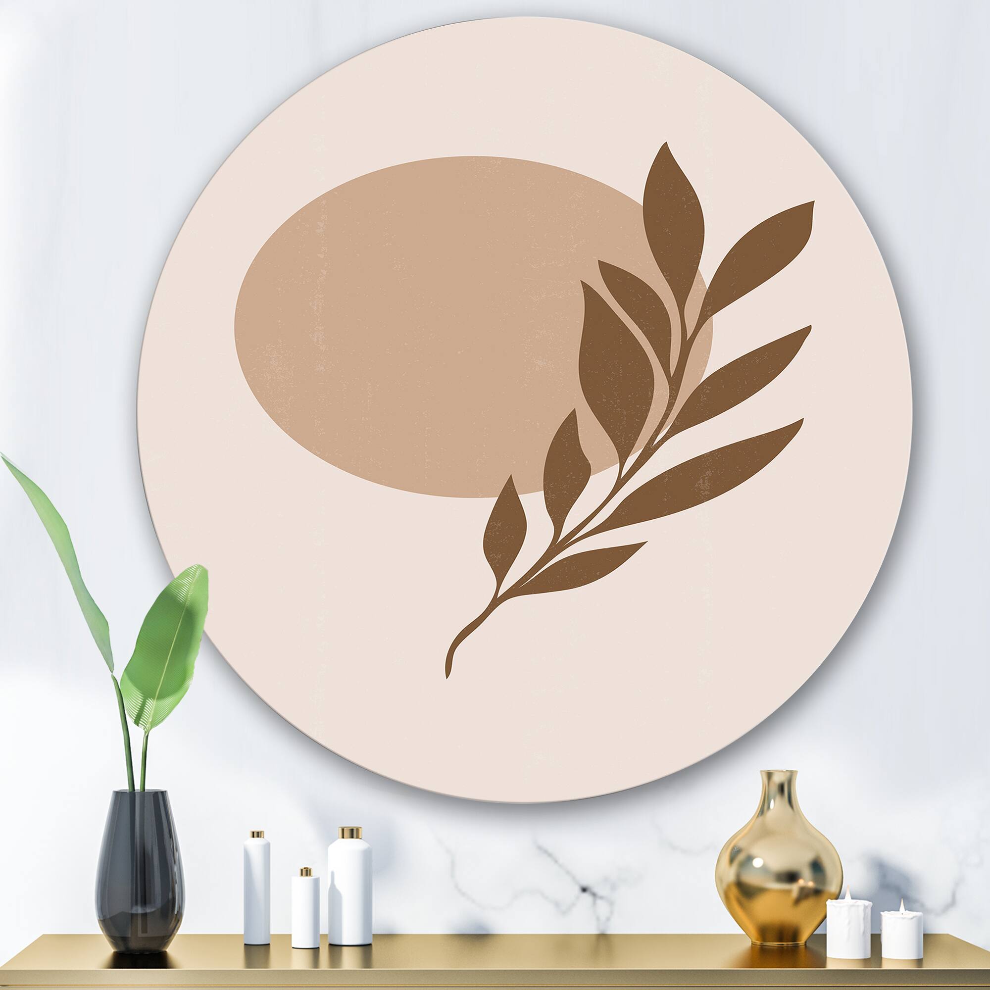 Designart - Abstract Terracotta Sun & Moon With Tropical Leaf - Modern Metal Circle Wall Art