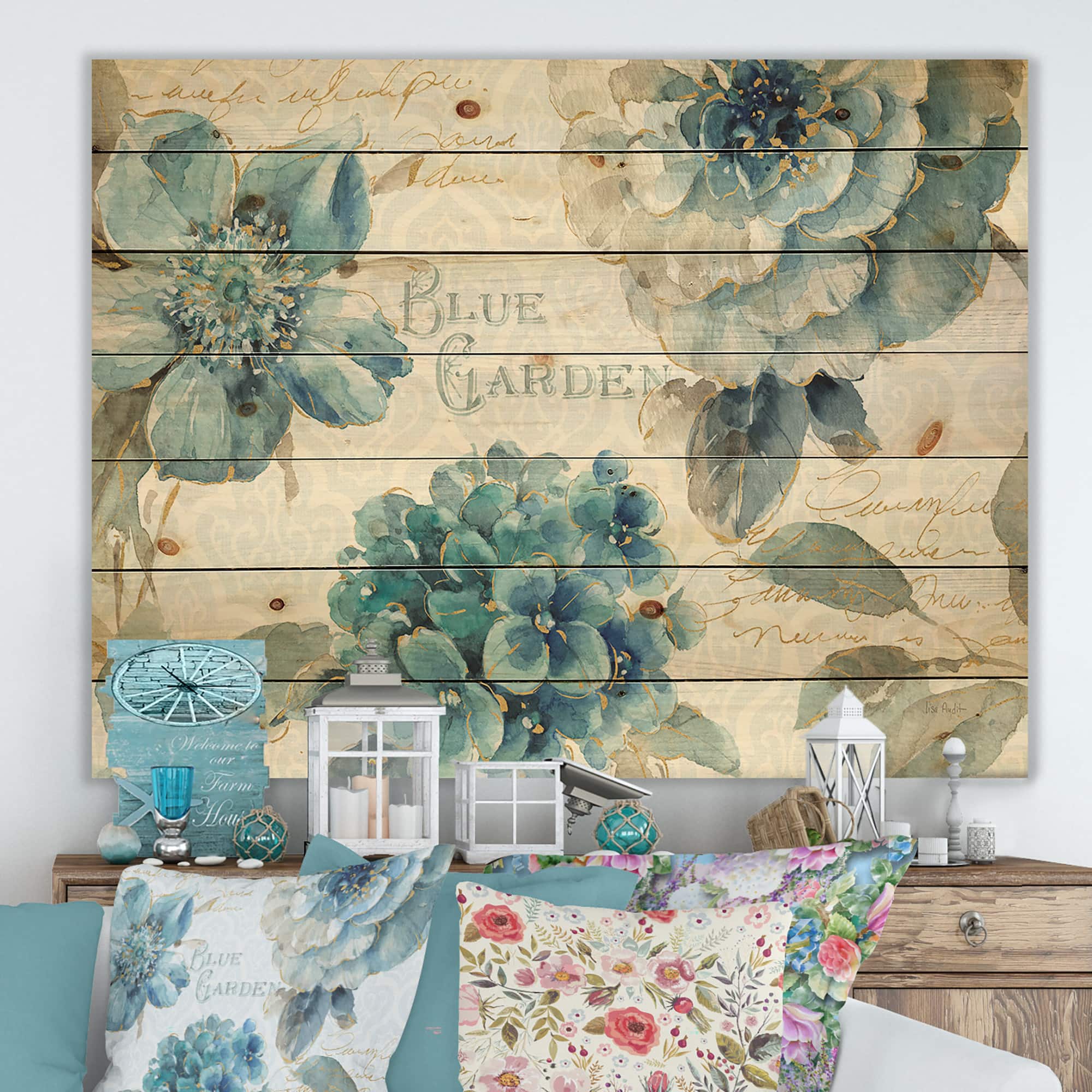 Designart - My Greenhouse Cottage Flowers I - Farmhouse Print on Natural Pine Wood