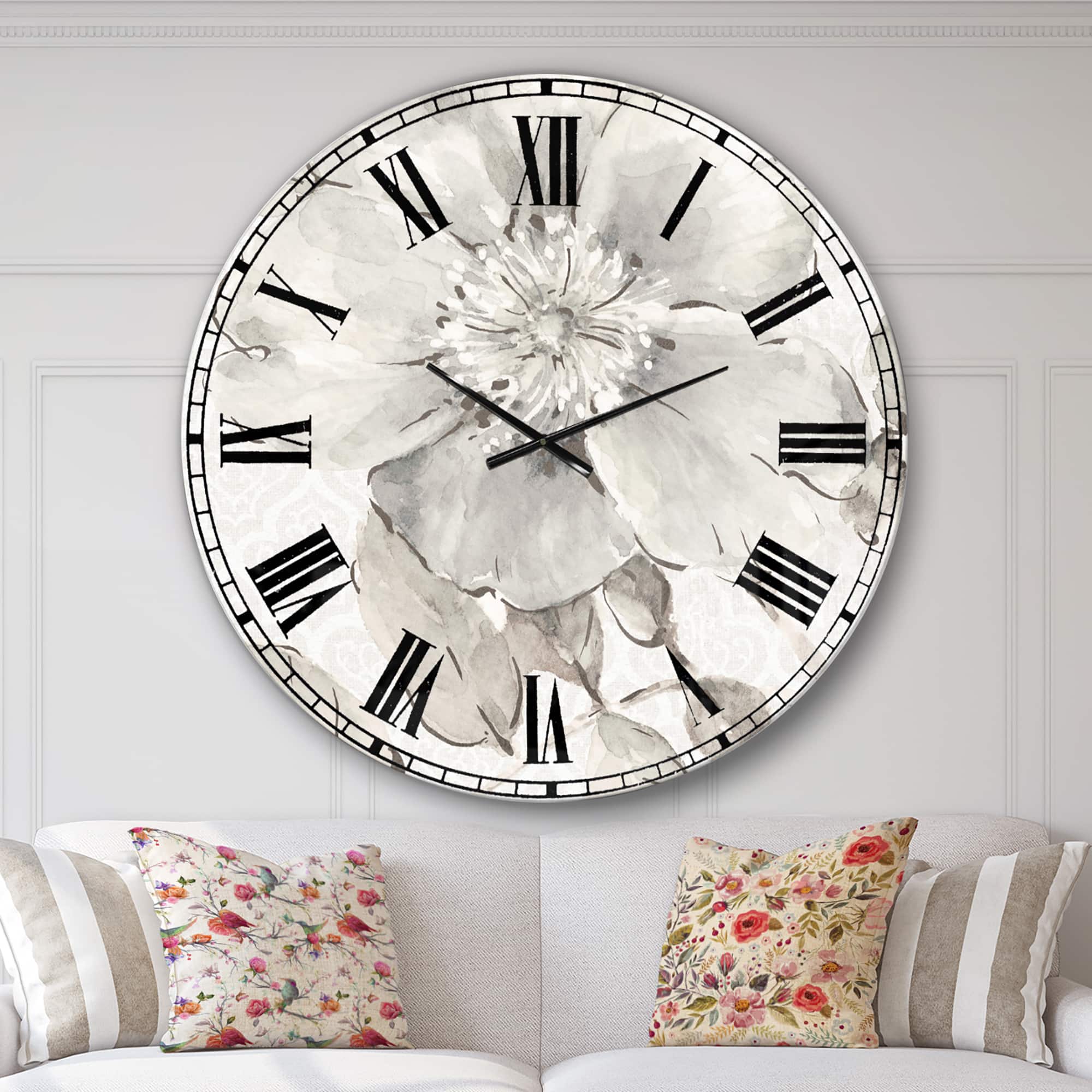 Designart Indigold Grey Peonies I Traditional Wall Clock