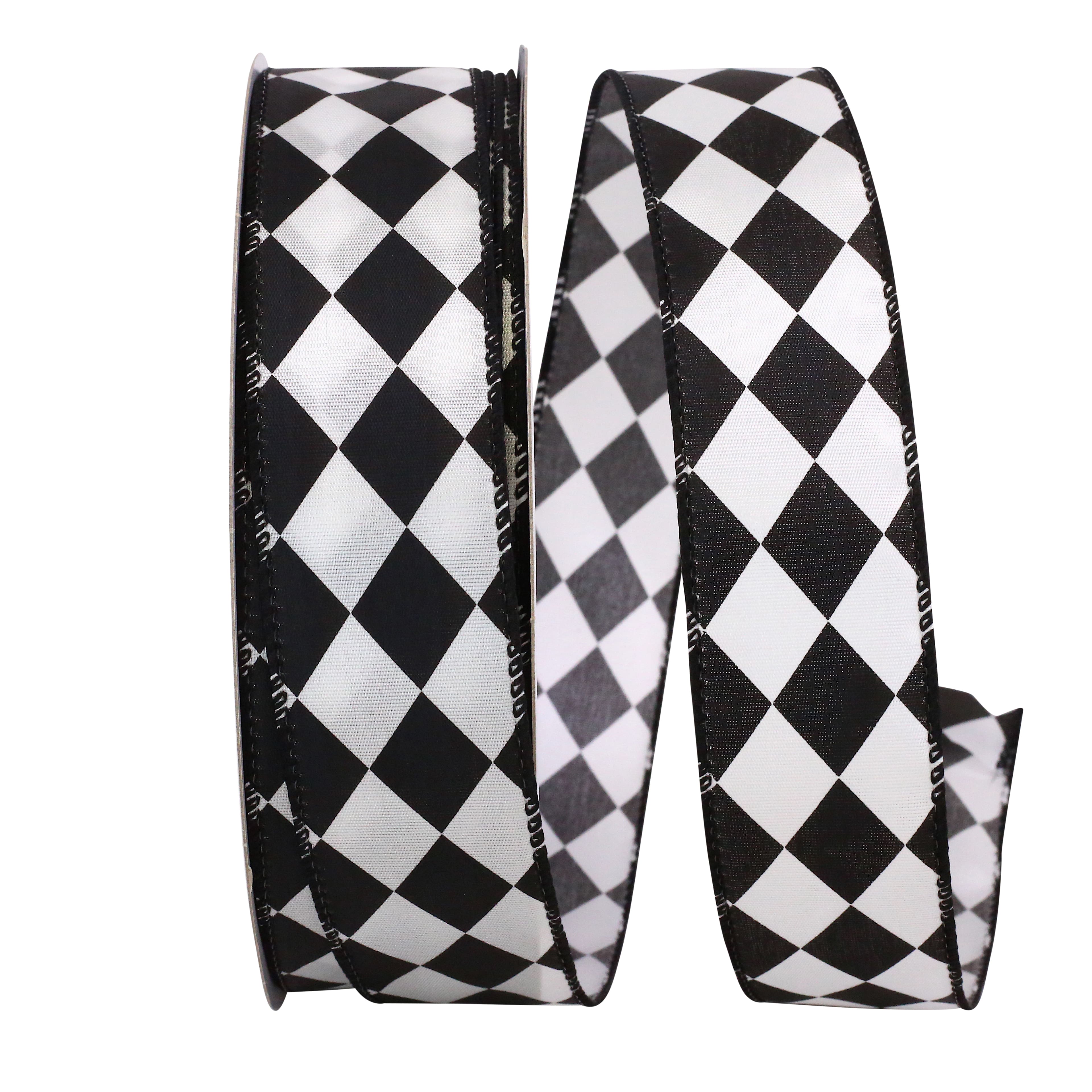 JAM Paper 1.5" x 50yd. Black & White Diamond Dan Wired Ribbon