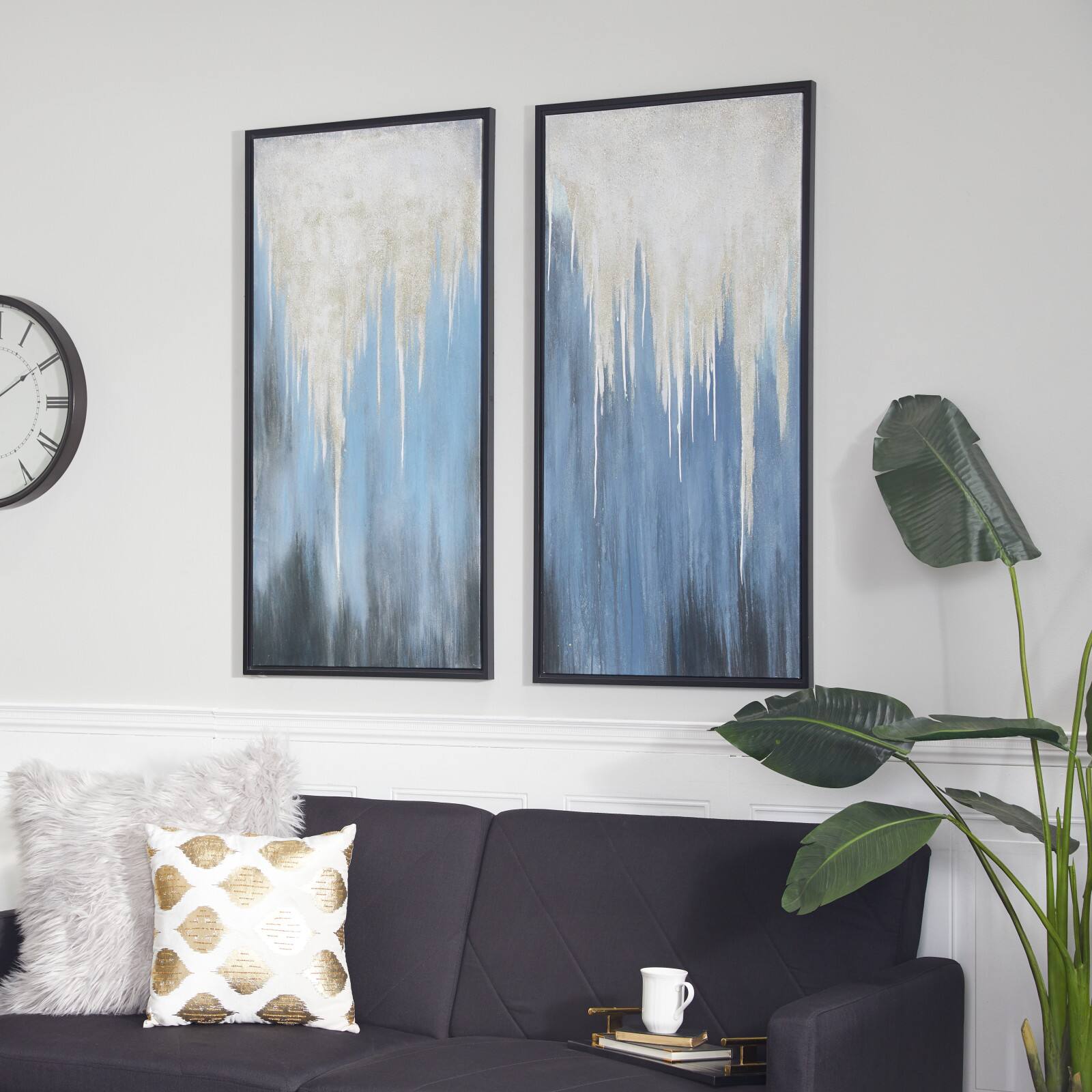 Set of 2 Blue Polystone Contemporary Framed Wall Art, 24" x 48"