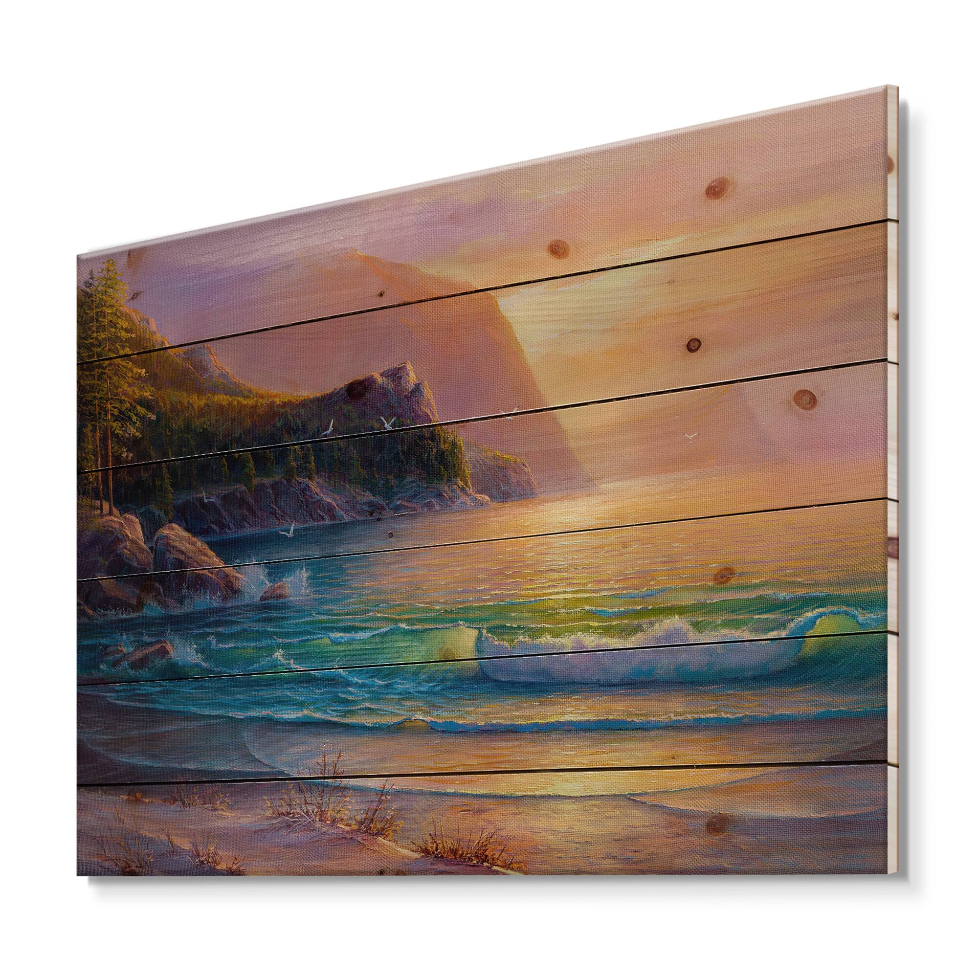 Designart - Romantic Beach During Warm Sunset - Nautical & Coastal Print on Natural Pine Wood