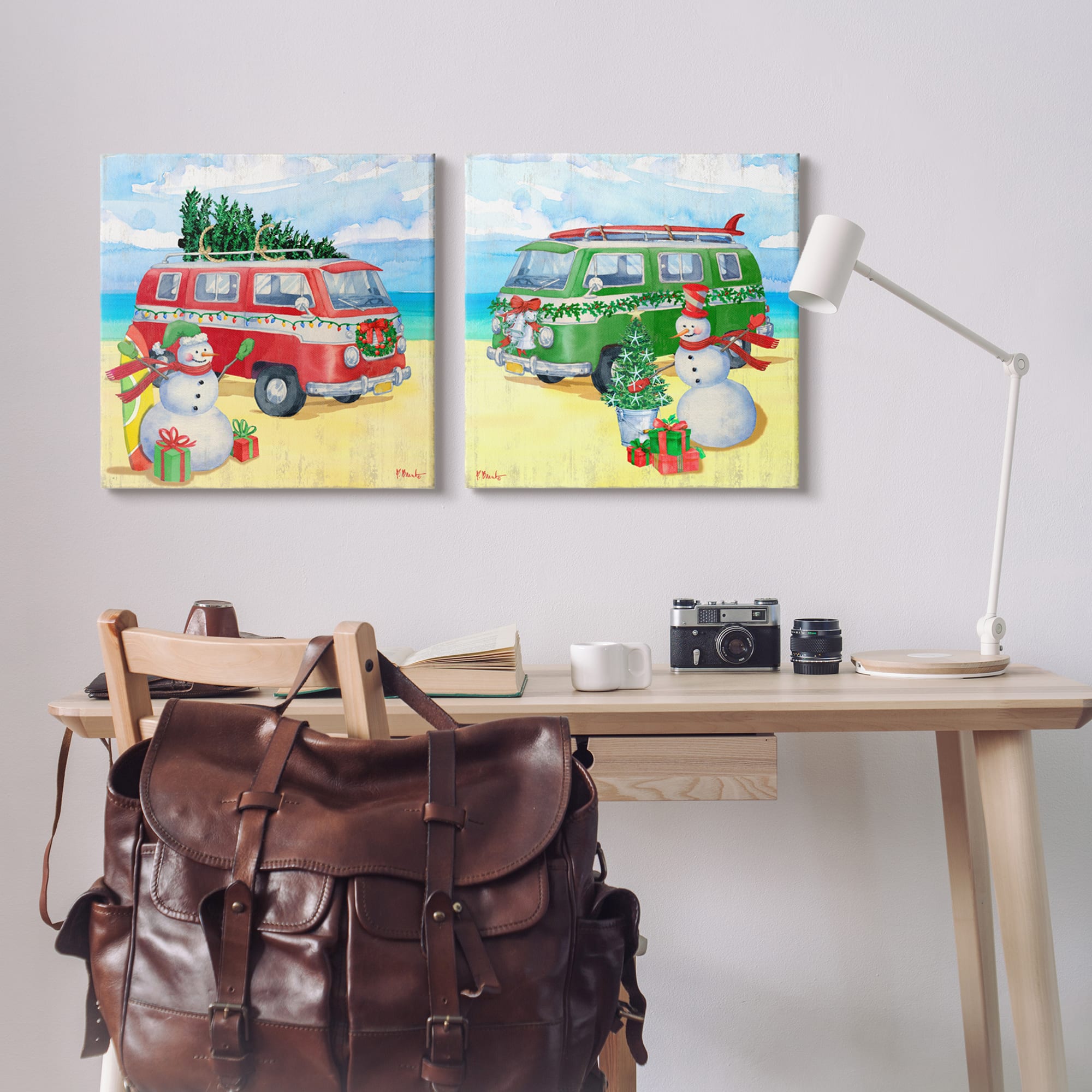 Stupell Industries Coastal Christmas Holiday Beach Snowmen 2 Piece Canvas Wall Art Set