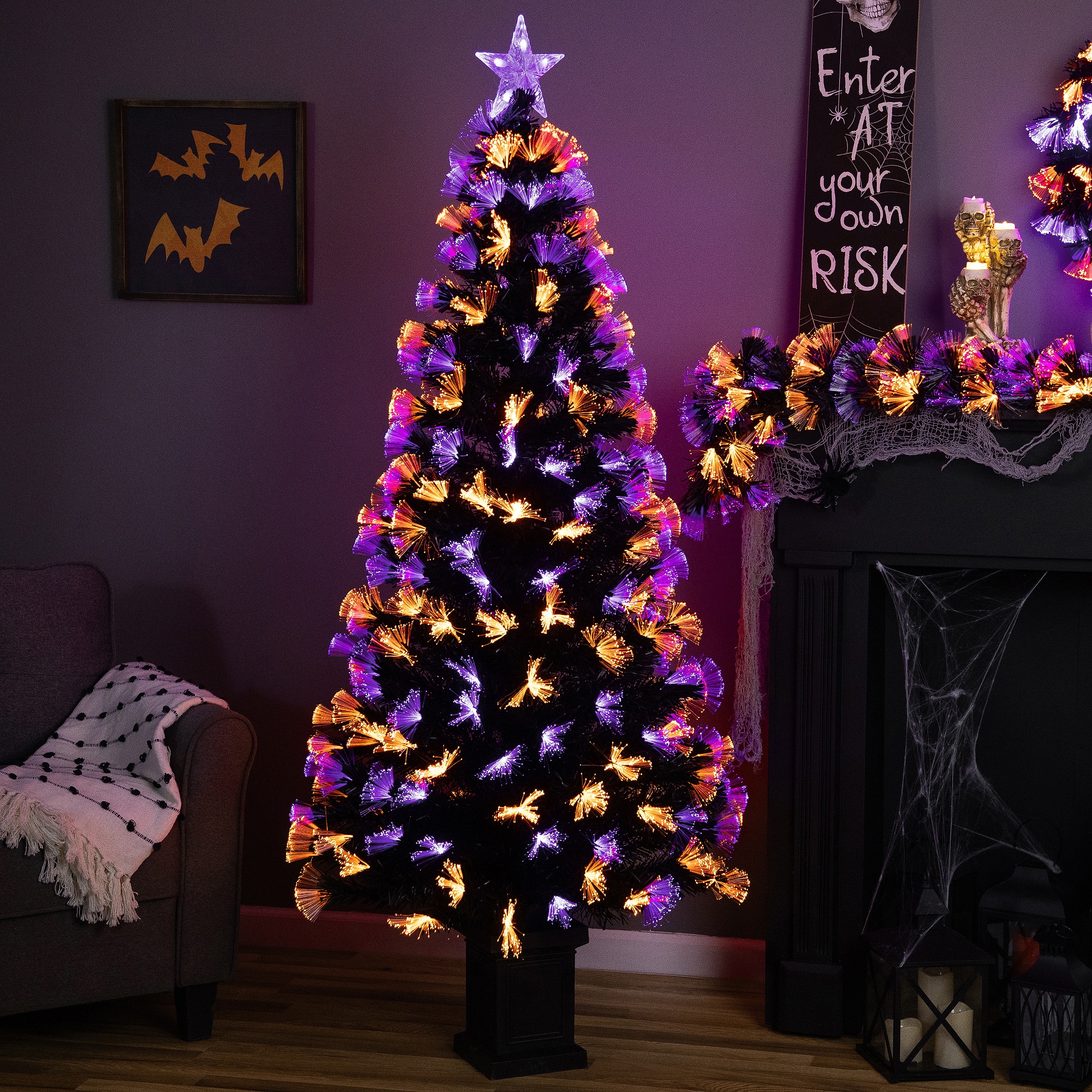 Northlight 6ft. Fiber Optic Orange & Purple LED Artificial Black Pine Halloween Potted Tree