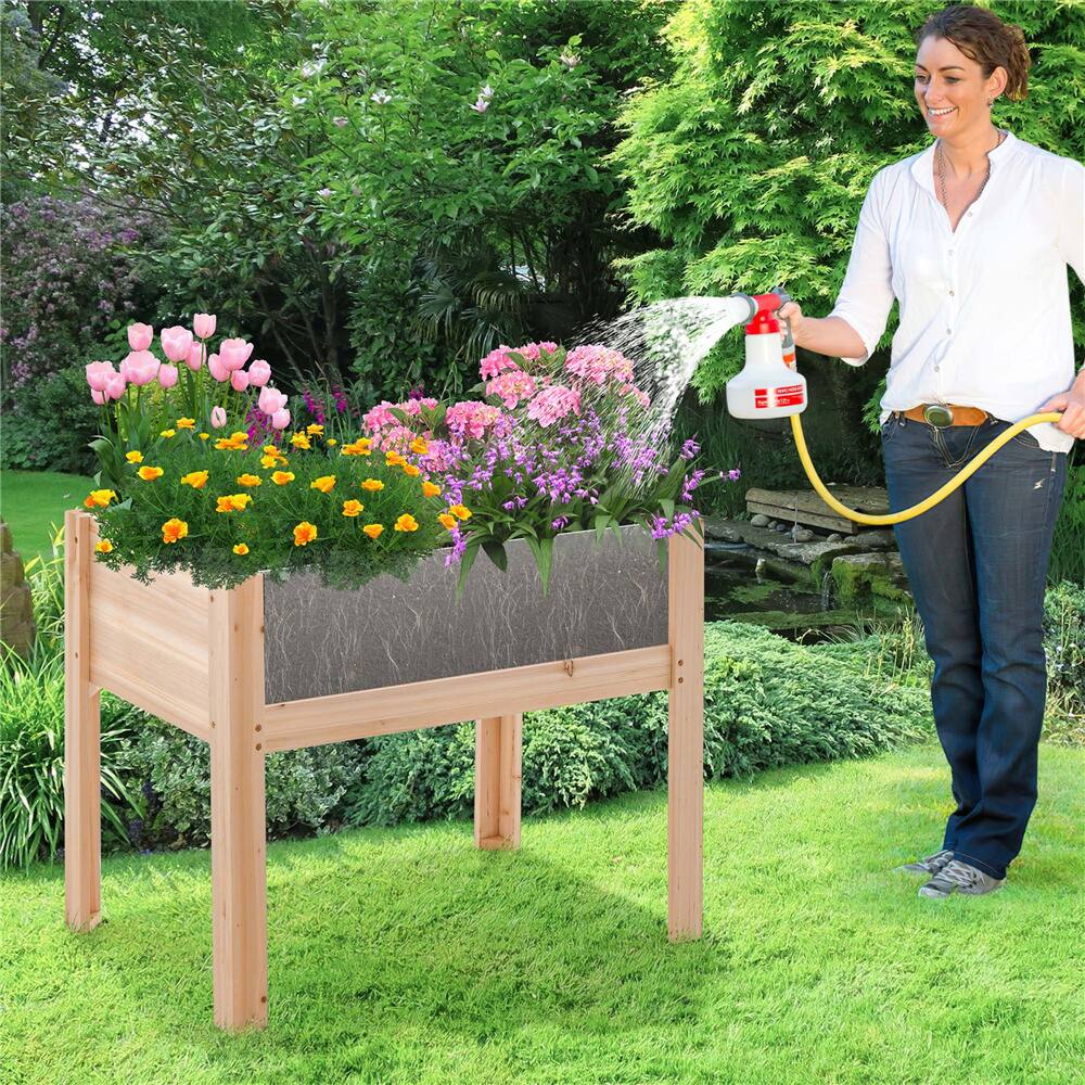 Costway Raised Wooden Garden Bed Elevated Planter Box Plant Terrarium with Drain Holes