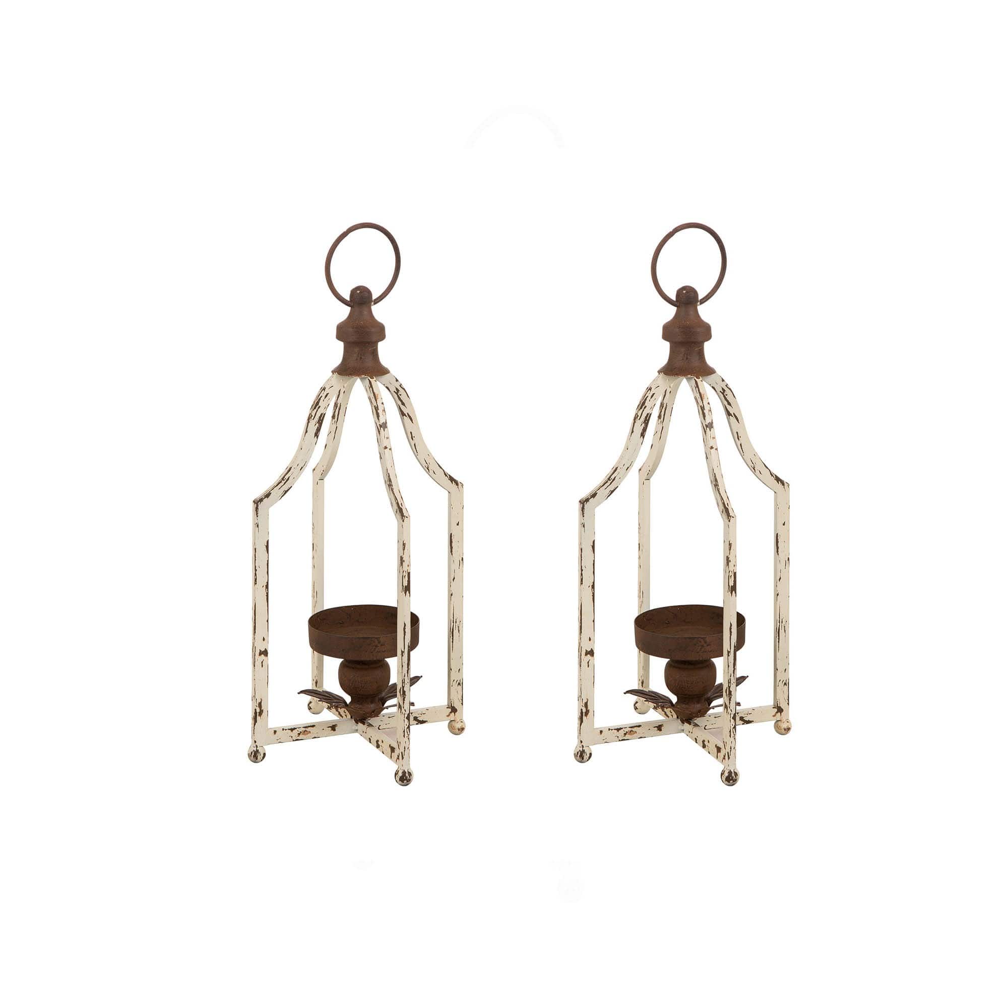 16.5" Modern Farmhouse White & Brown Metal Candle Lantern Set