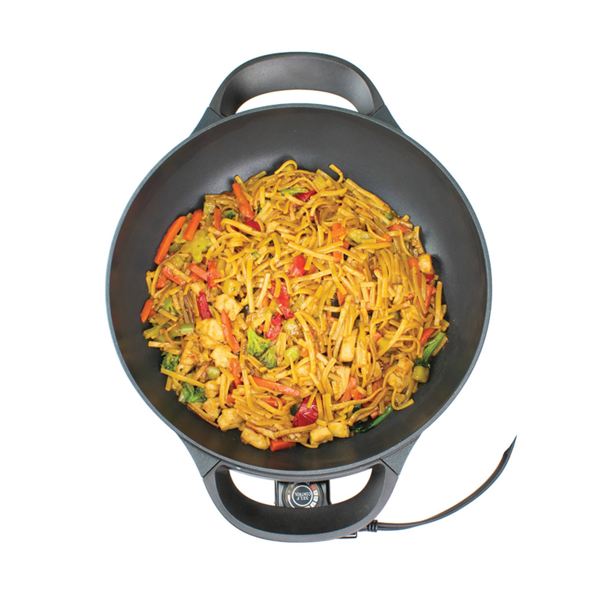 Brentwood 13" Black Nonstick Flat Bottom Electric Wok Skillet with Vented Glass Lid