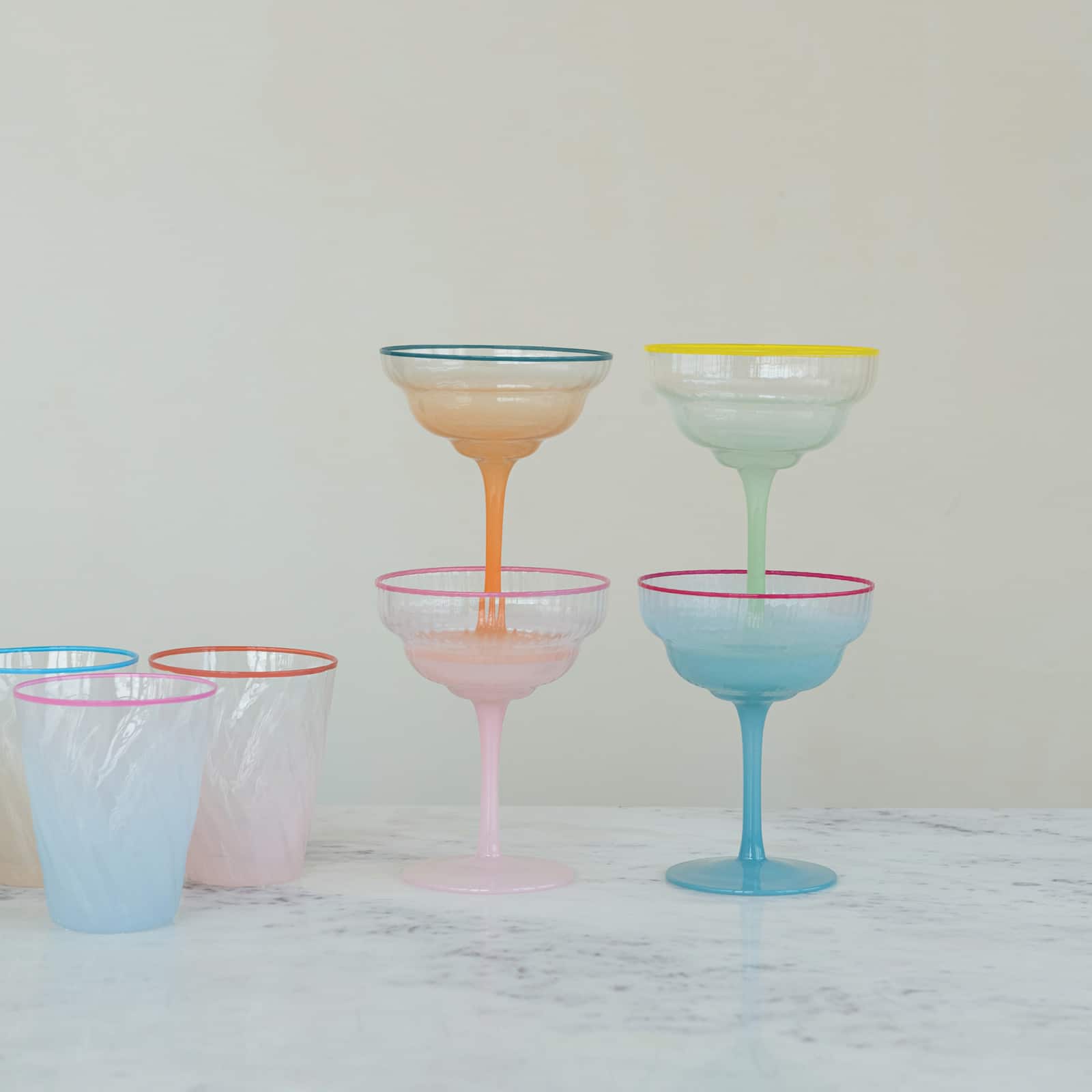 Hello Honey 4-Piece Fluted Stemmed Coupe Glass with Colored Rim, Multicolor