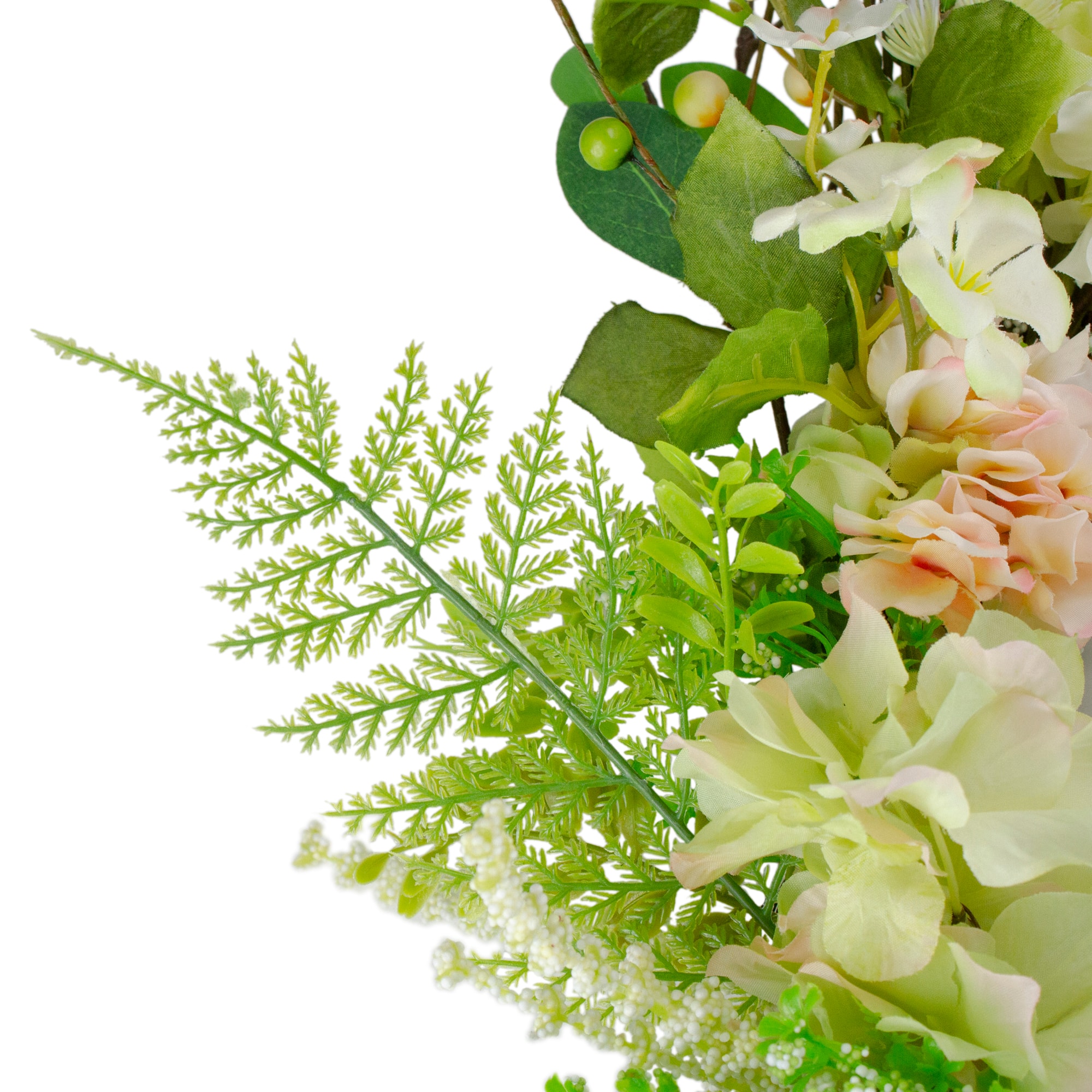 28" Green & Pink Hydrangea & Fern Spring Floral Berry Wreath