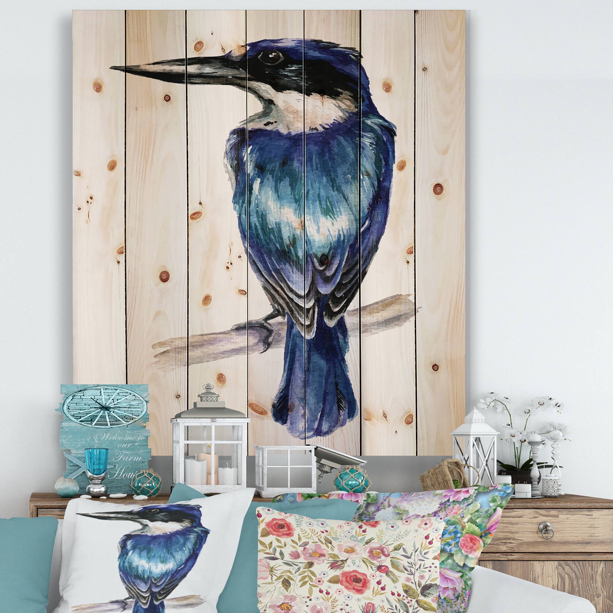 Designart - Style Kingfisher Bird - Traditional Print on Natural Pine Wood