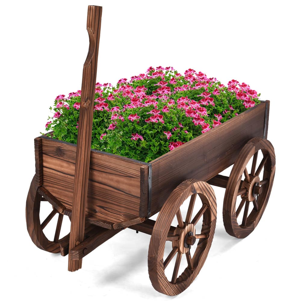 Costway Wood Wagon Flower Planter Pot Stand with Wheels Outdoor Décor
