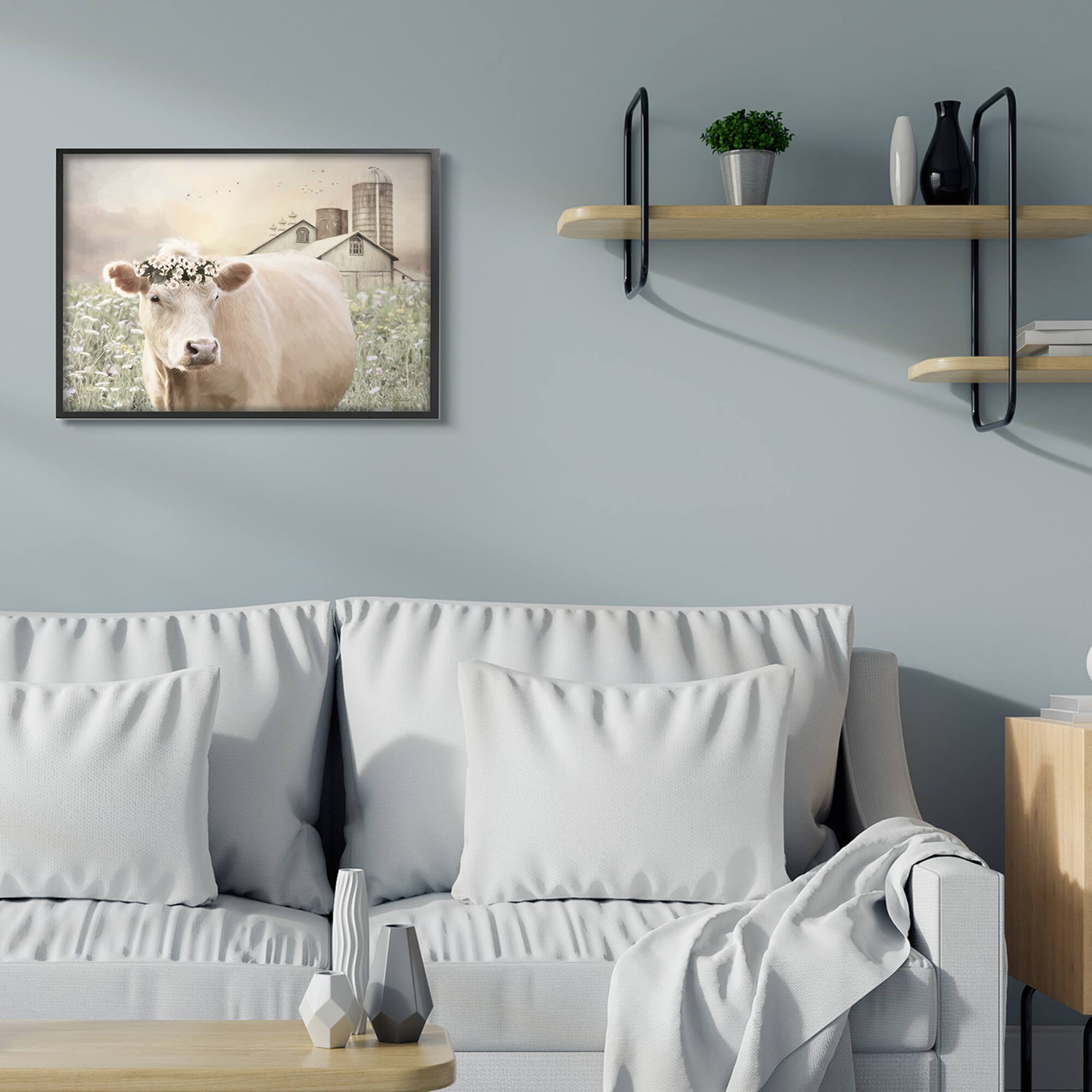 Stupell Industries Realistic Cow Floral Crown Tranquil Farm Field in Frame Wall Art