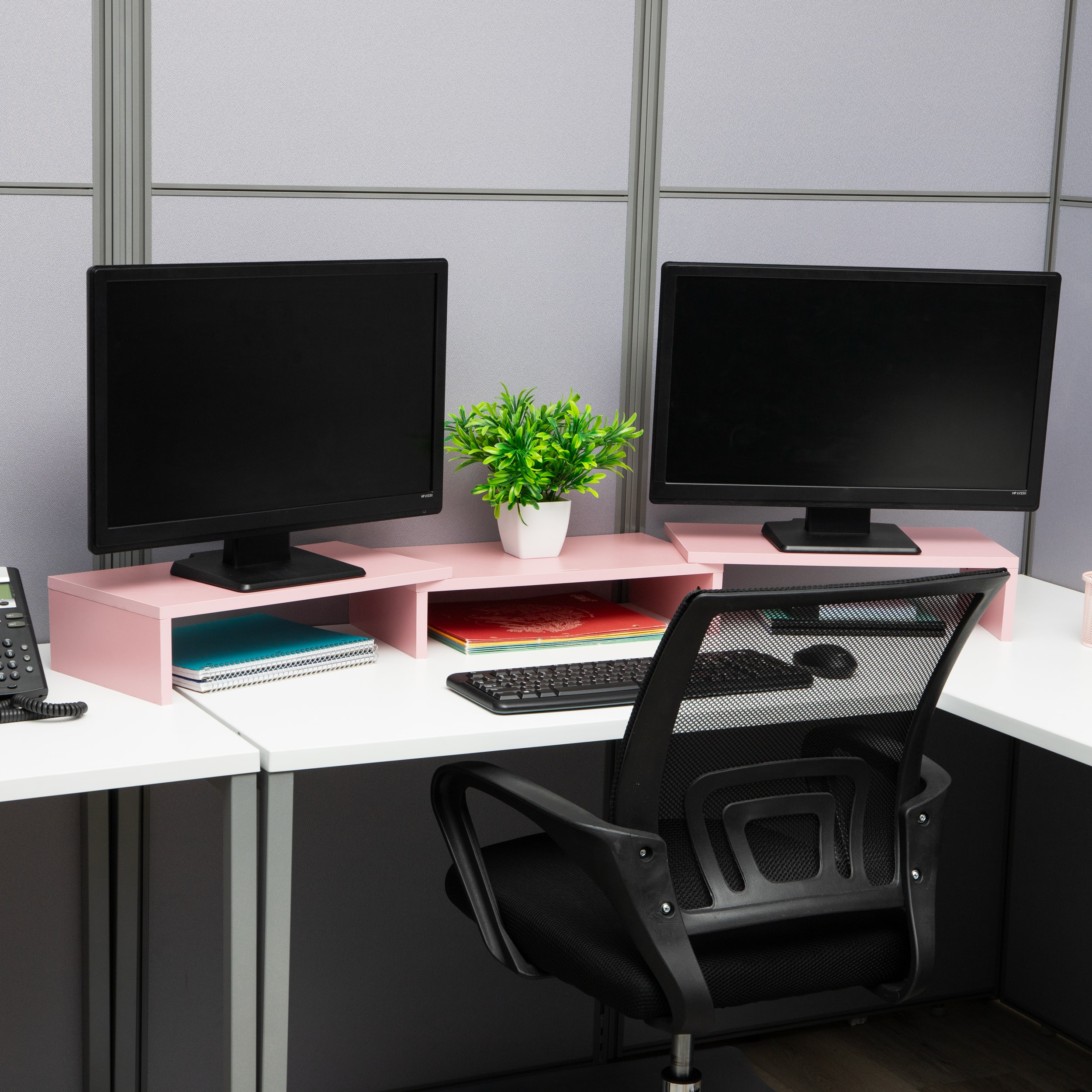 Mind Reader Dual Monitor Stand, Laptop Riser, Desktop Organizer, Office, MDF, Pink