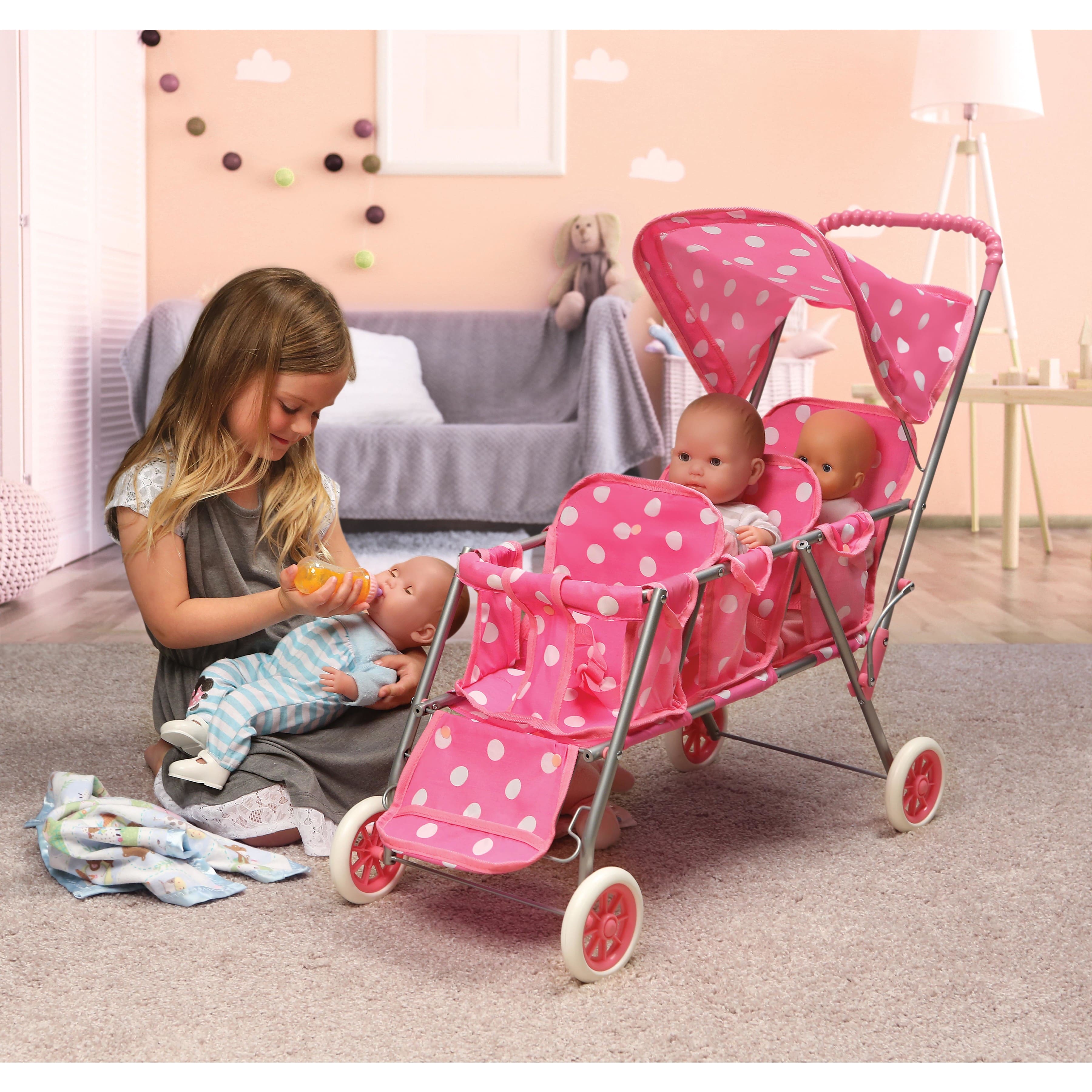 Badger Basket Pink & White Polka Dots Folding Triple Doll Stroller