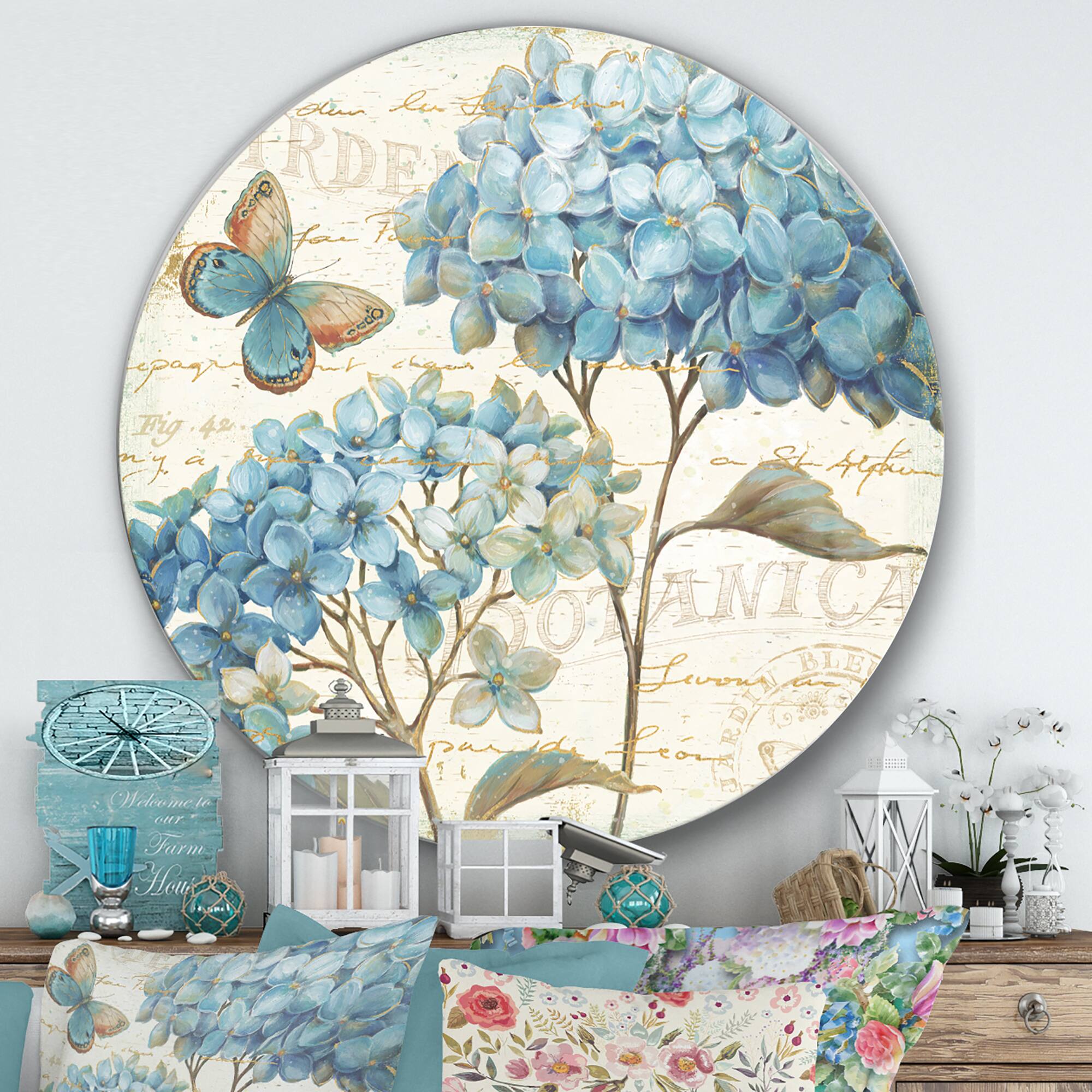 Designart - butterfly Blue Garden II - Farmhouse Metal Circle Wall Art
