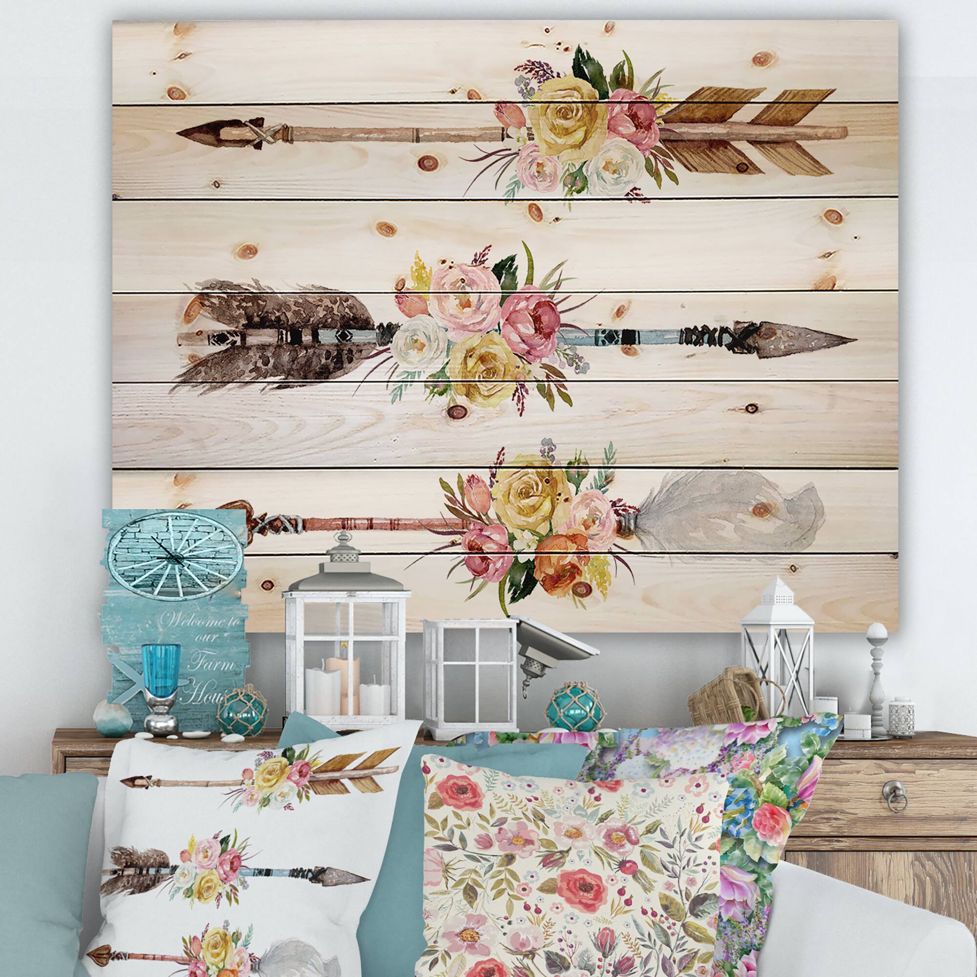 Designart - Ethnic Feathers and Flowers On Native Arrows II - Bohemian & Eclectic Print on Natural Pine Wood
