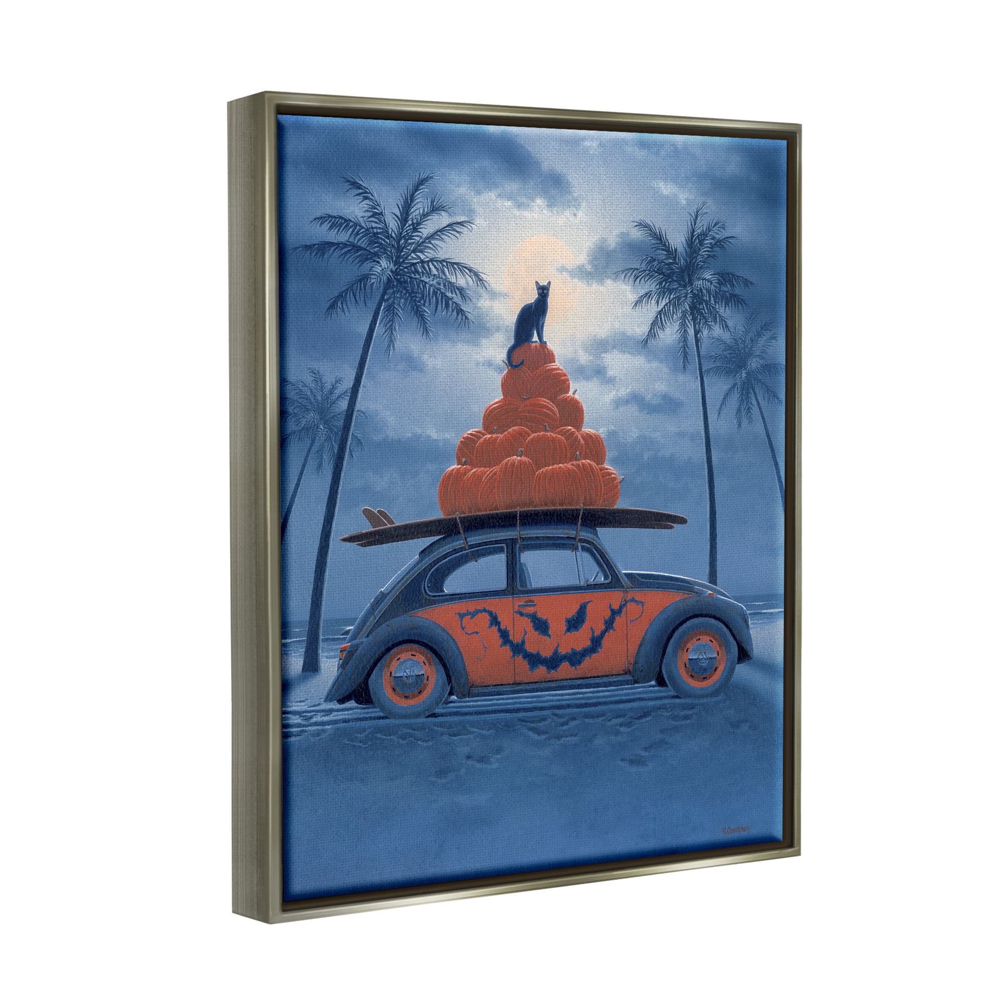 Stupell Industries Spooky Tropical Beach Pumpkin Car Framed Floater Canvas Wall Art
