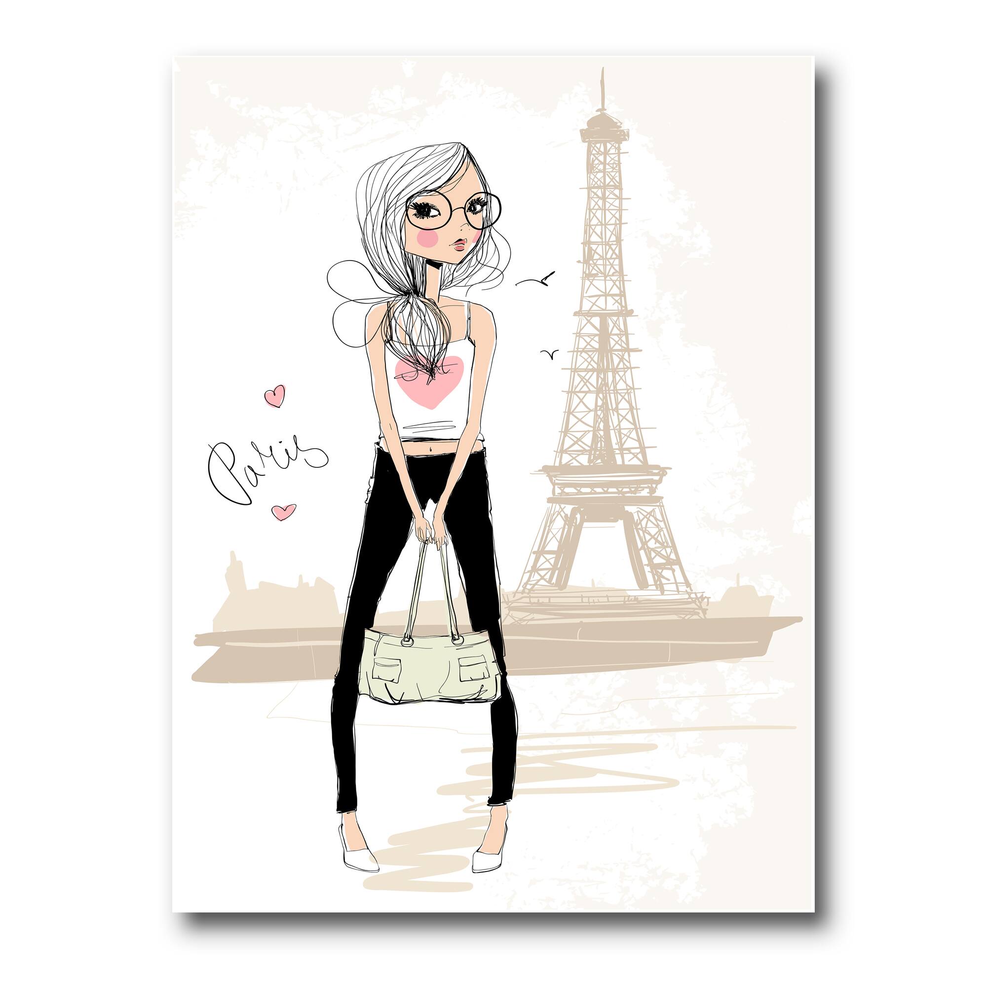 Designart - Cute Girl By The Tour Eiffel In Paris - Children's Art Canvas Wall Art Print