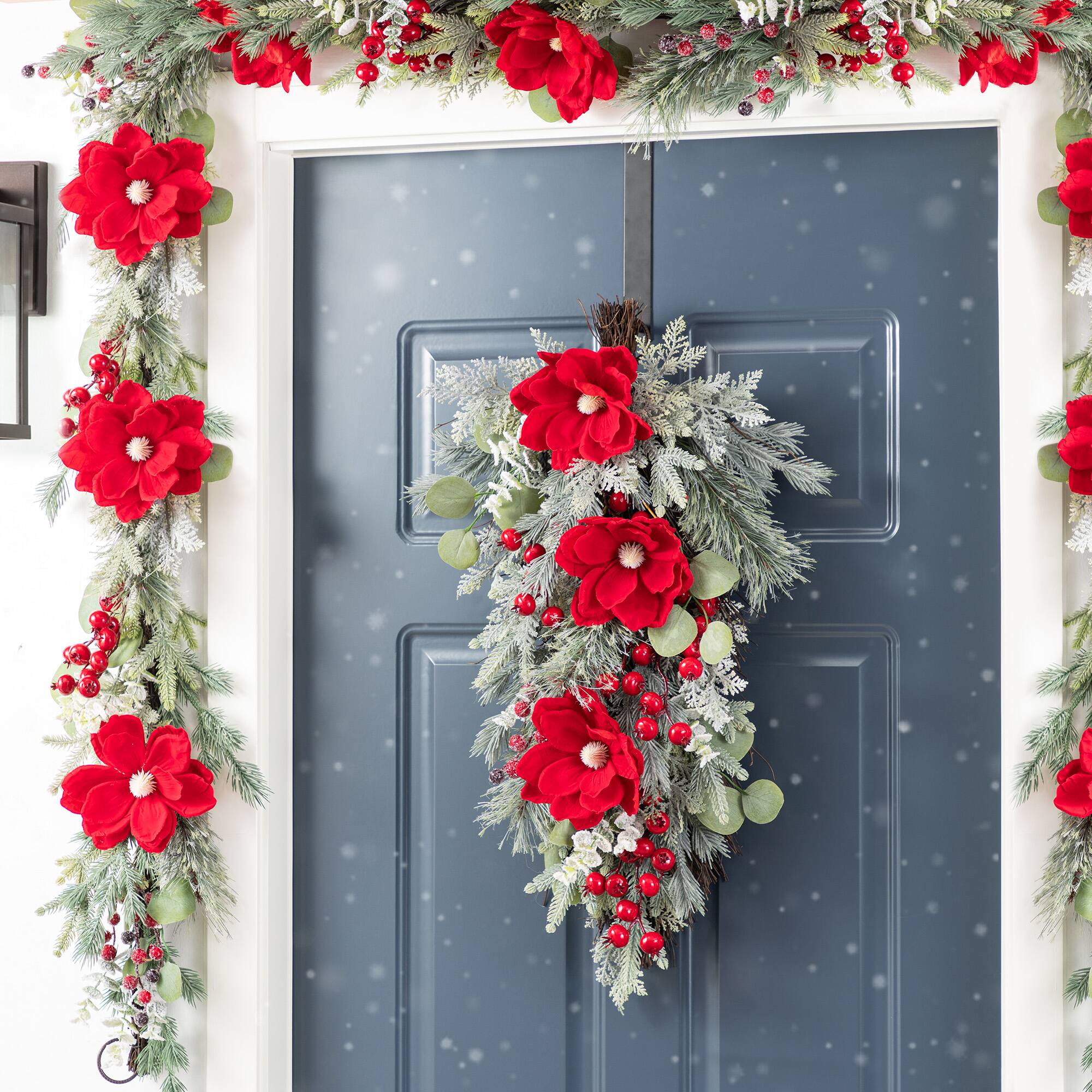 Glitzhome® 28"H Christmas Red Mangnolia & Berry Teardrop