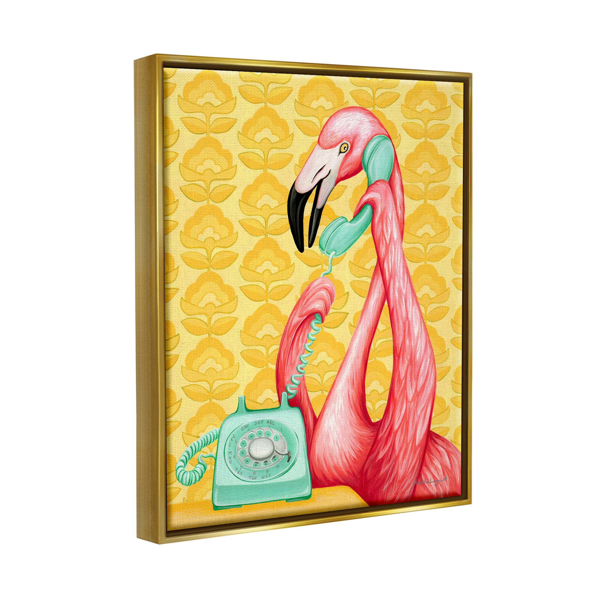 Stupell Industries Flamingo Calling Dial Telephone Groovy Flowers Framed Floater Canvas Wall Art