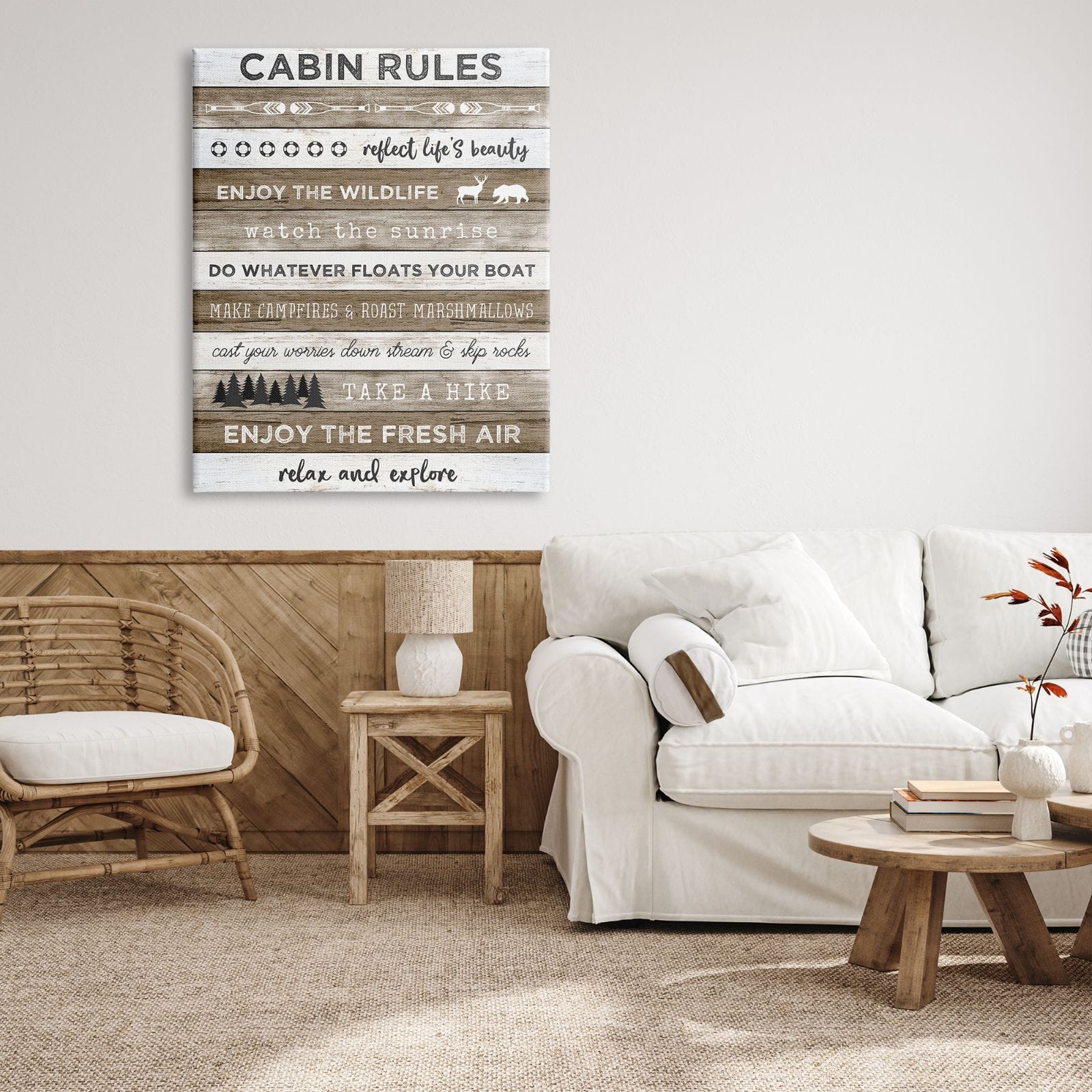 Stupell Industries Cabin Rules Motivational List Rustic Forest Plank Pattern Canvas Wall Art