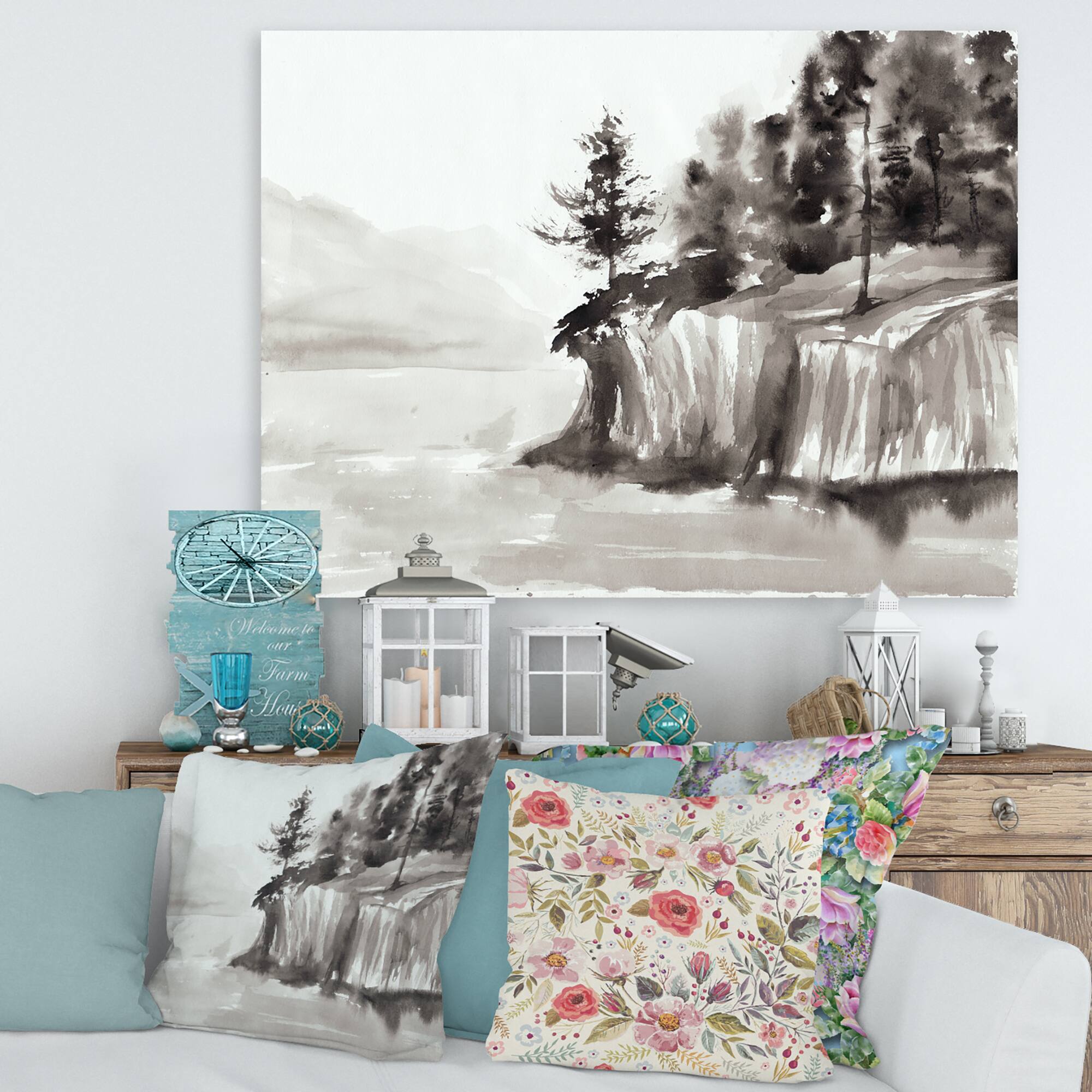 Designart - Monochrome Cliffs By The Lake