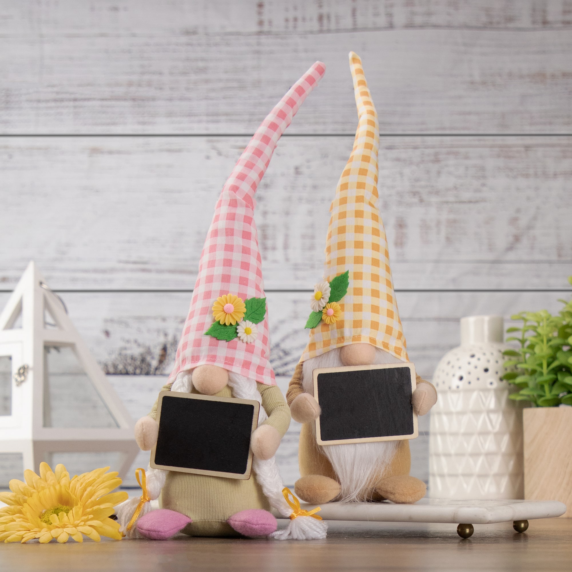 16" Pink Gingham Plaid Springtime Gnome with Chalkboard