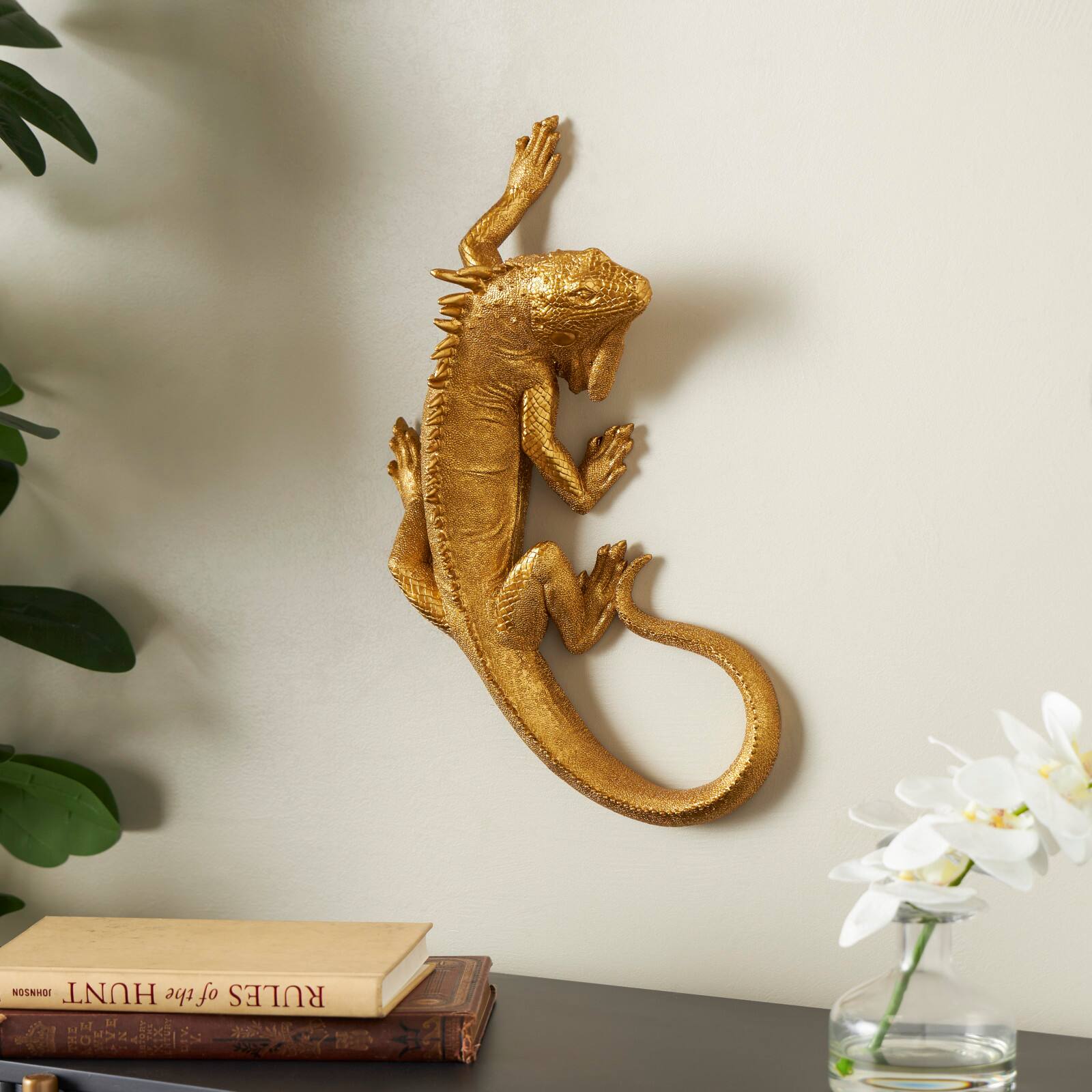 17" Gold Polystone Textured Climbing Lizard Sculpture