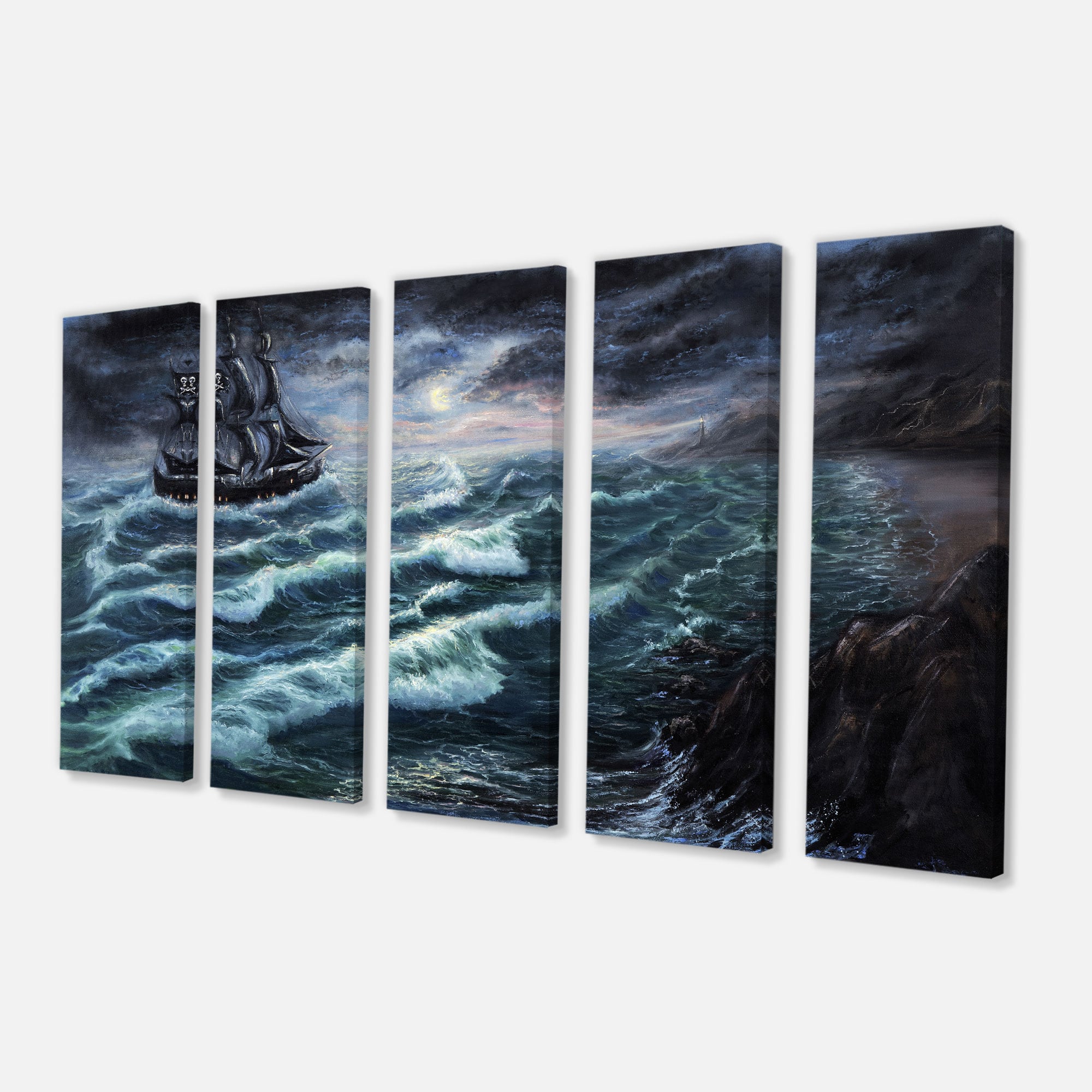 Designart - Pirate Ship Under Stormy Cloud - Sea & Shore Painting Print on Wrapped Canvas set