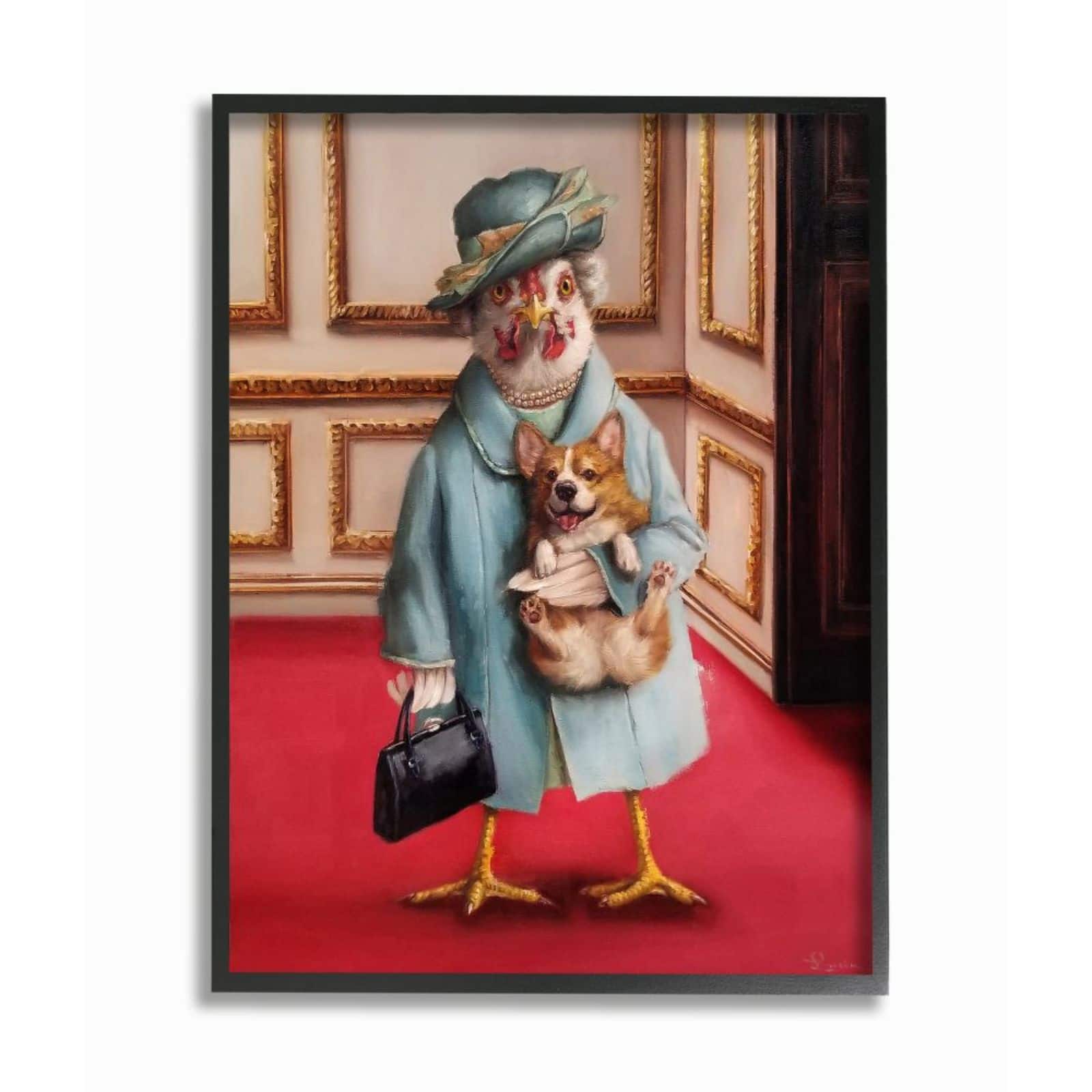 Stupell Industries Queen Chicken with Corgi with Black Frame Wall Accent