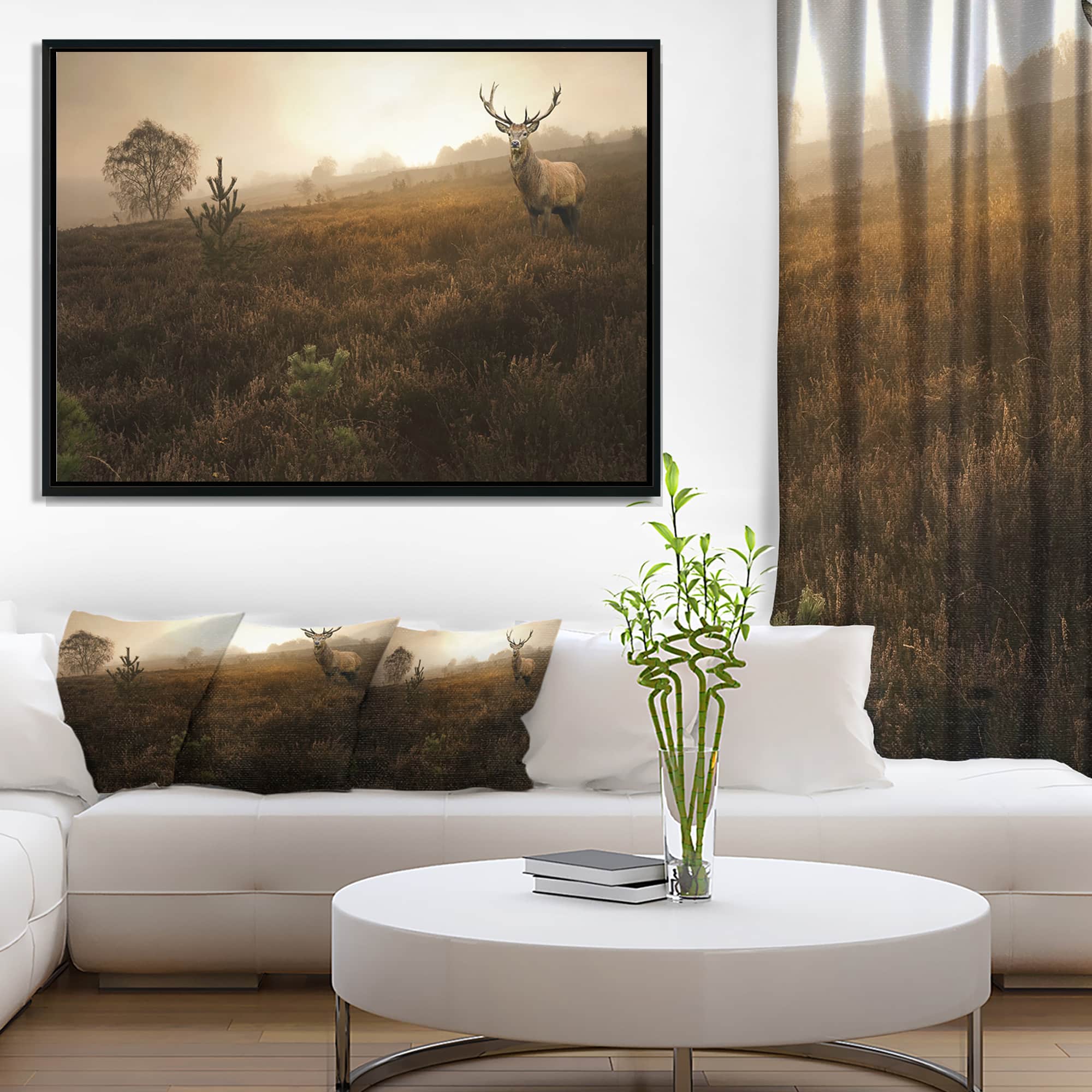 Designart - Mist Forest with Red Deer Stag - Landscape Photo Canvas Art Print in Black Frame