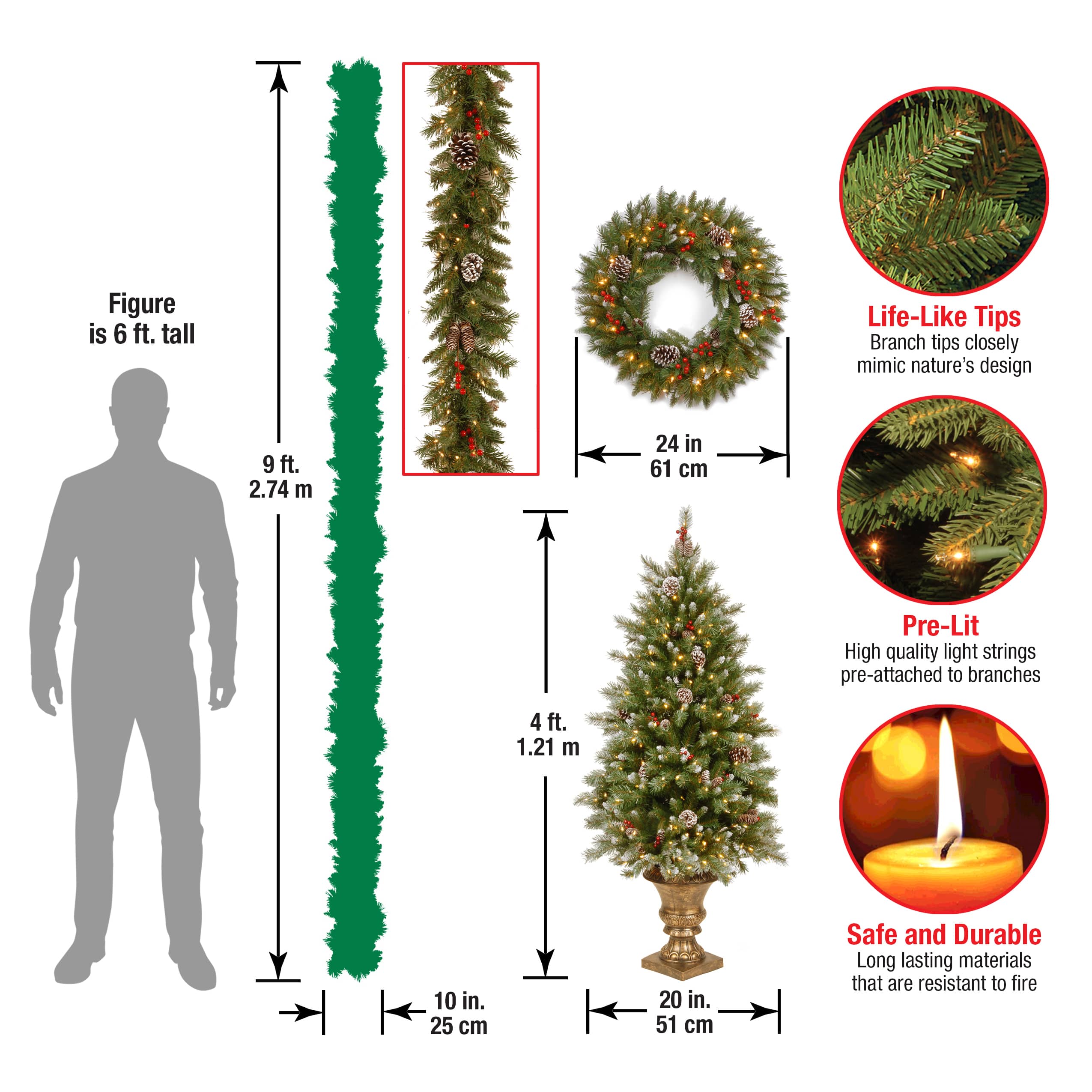 5-Piece Pre-Lit Frosted Berry Artificial Christmas Entrance Trees, Garland & Wreath